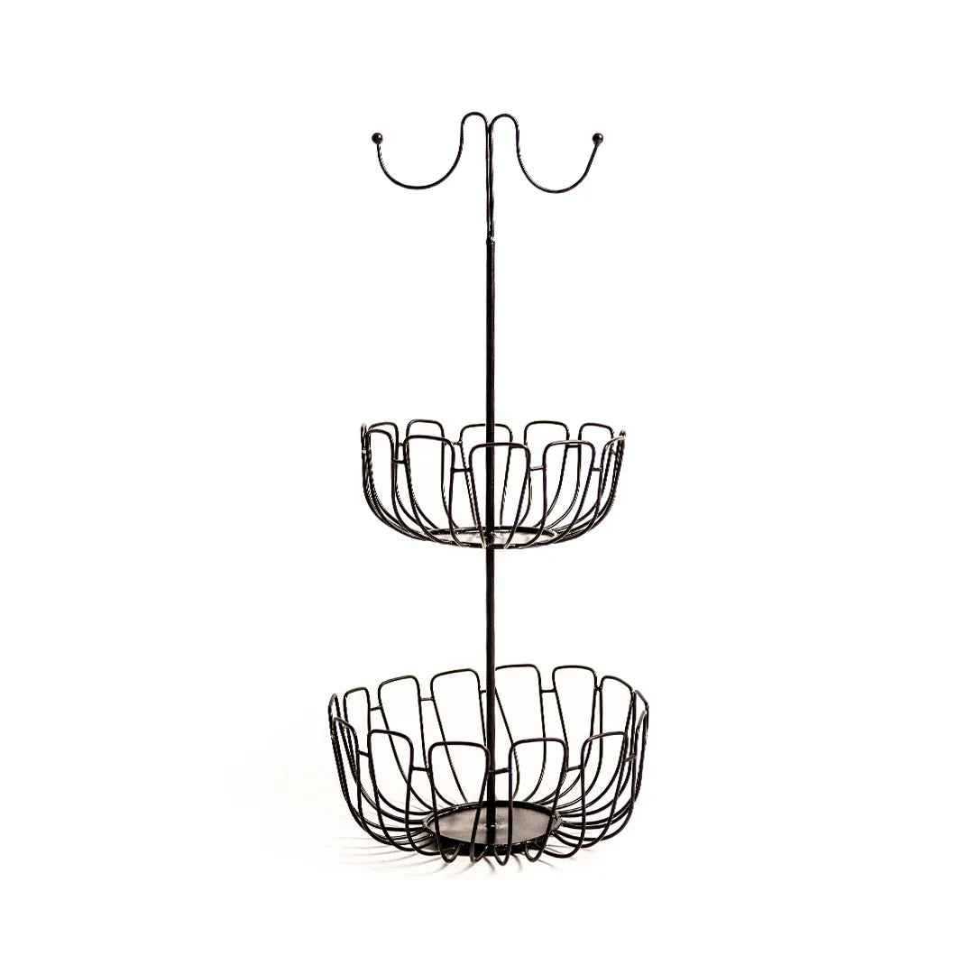 Modern 2-Tier Metal Fruit Basket with Banana Hanger