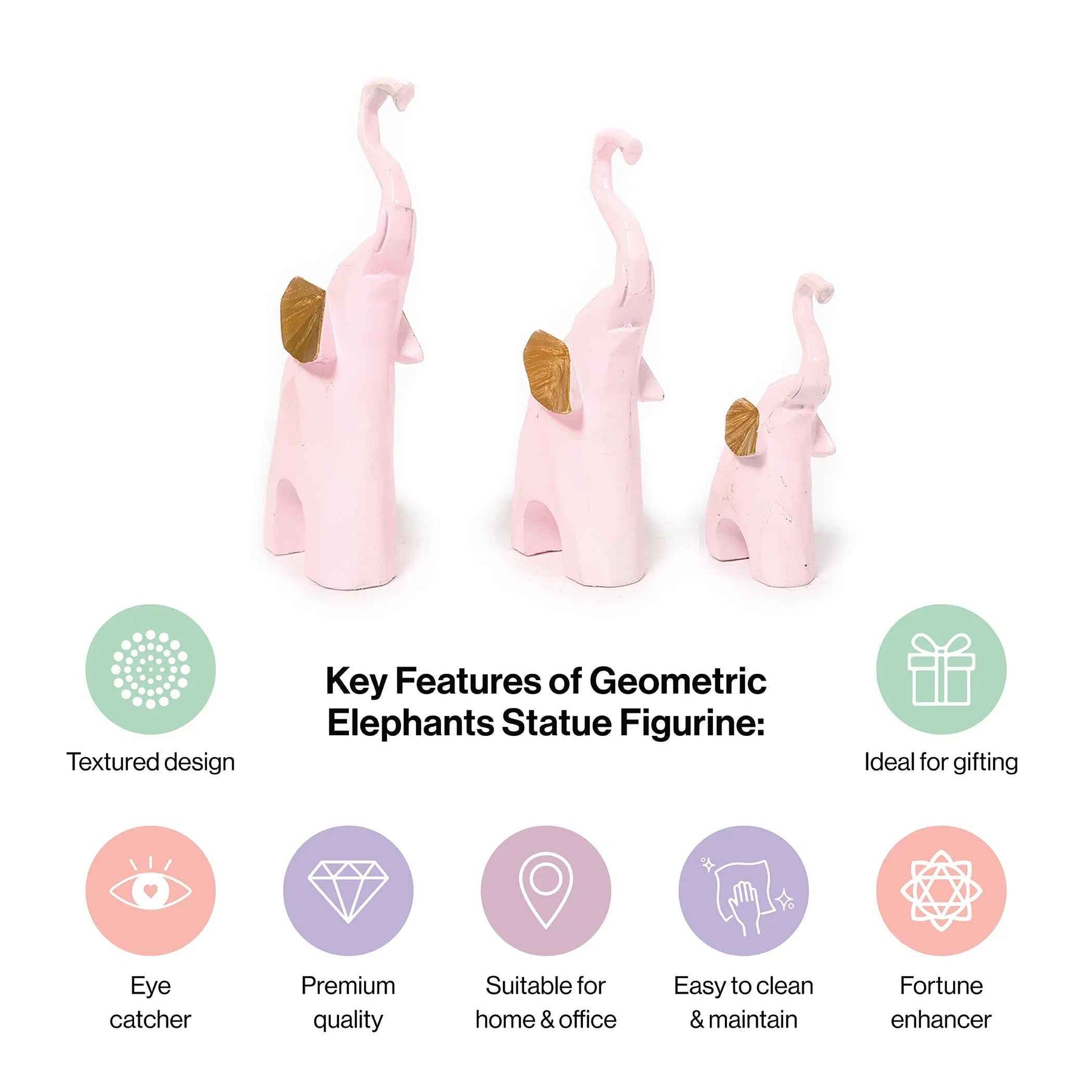 Decorative Pink Elephant Statue with Gold Finish Set of 3