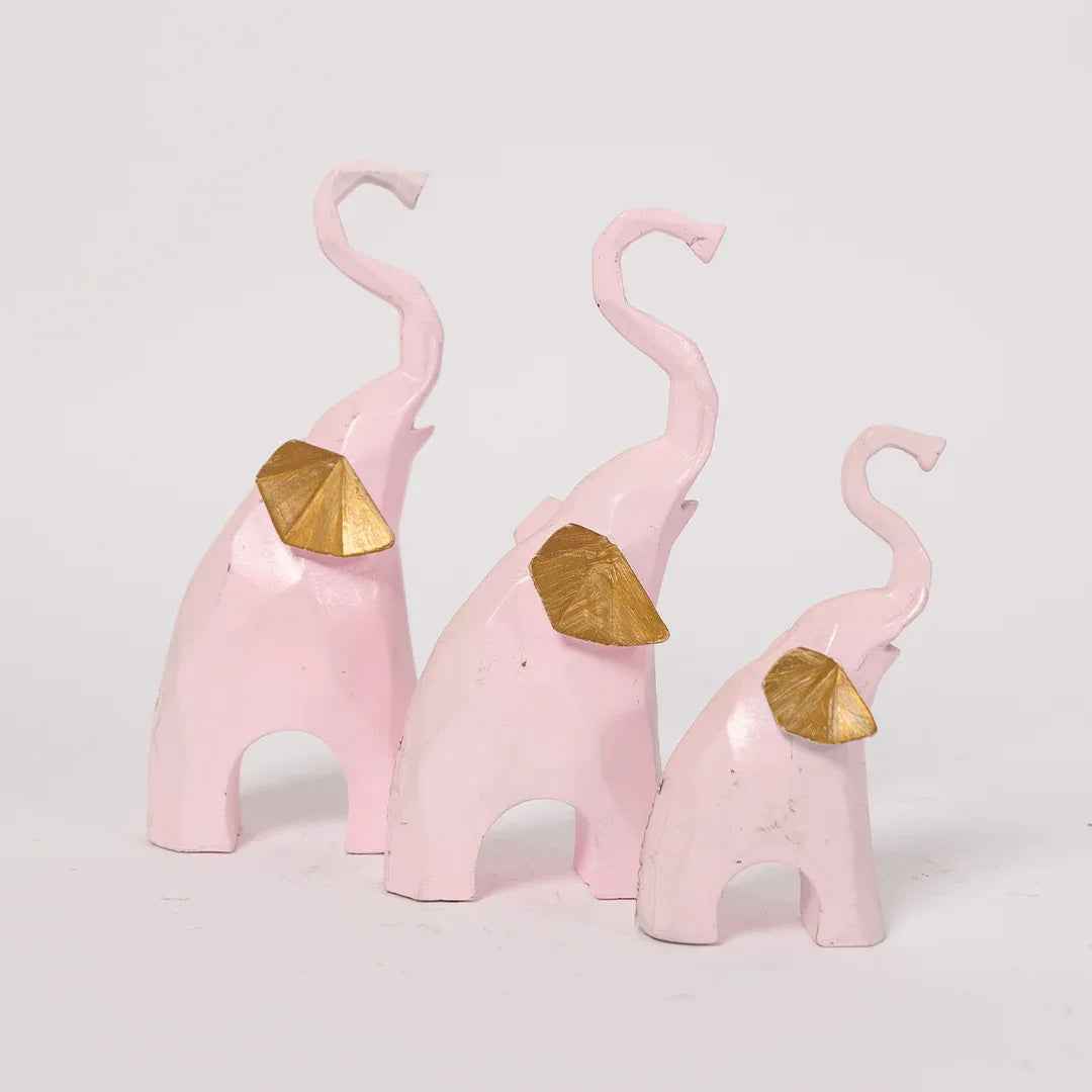 Decorative Pink Elephant Statue with Gold Finish Set of 3