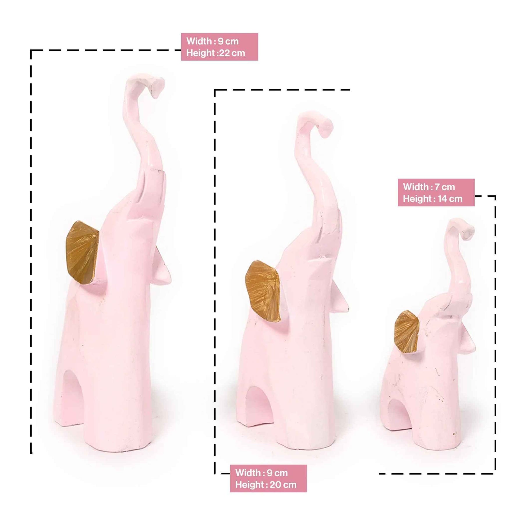 Decorative Pink Elephant Statue with Gold Finish Set of 3