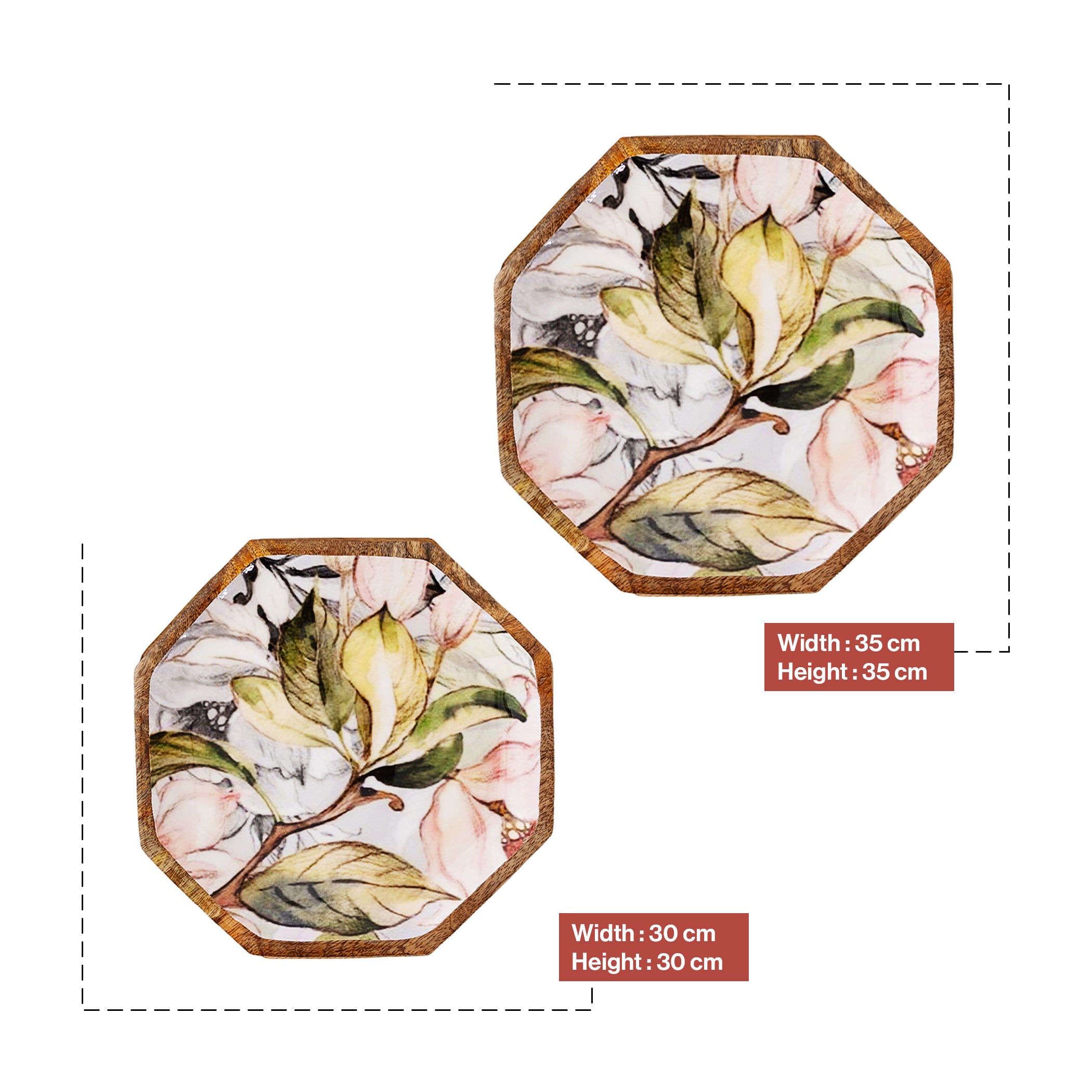 Handcrafted Mango-Wood Floral Grey Printed Platters Tray-Set Of 2