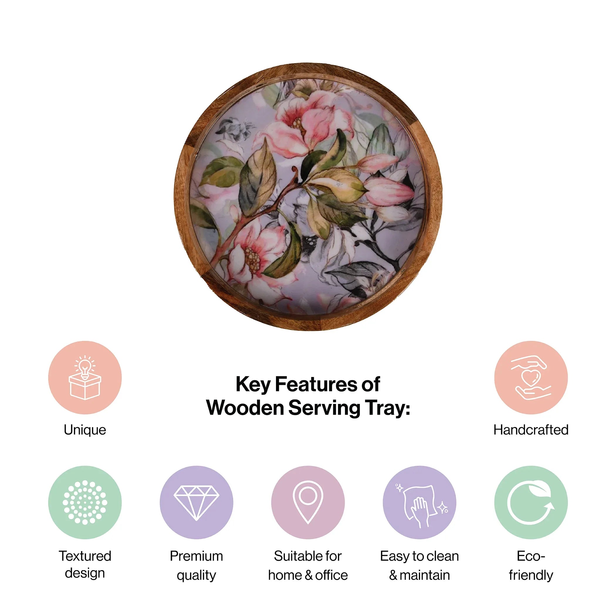 Handcrafted Mango-Wood Wooden Round Tray Pink Floral Design-Single