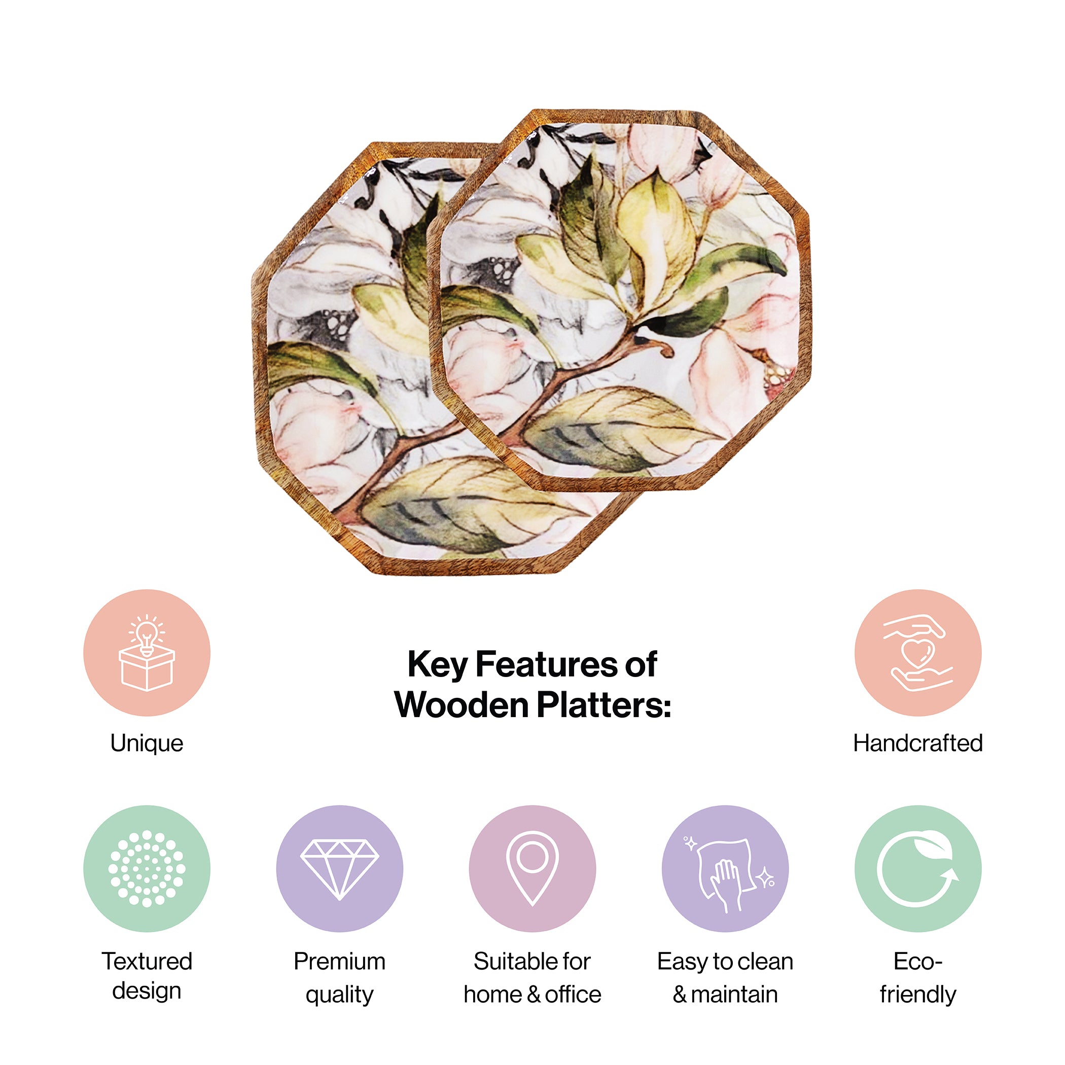 Handcrafted Mango-Wood Floral Grey Printed Platters Tray-Set Of 2