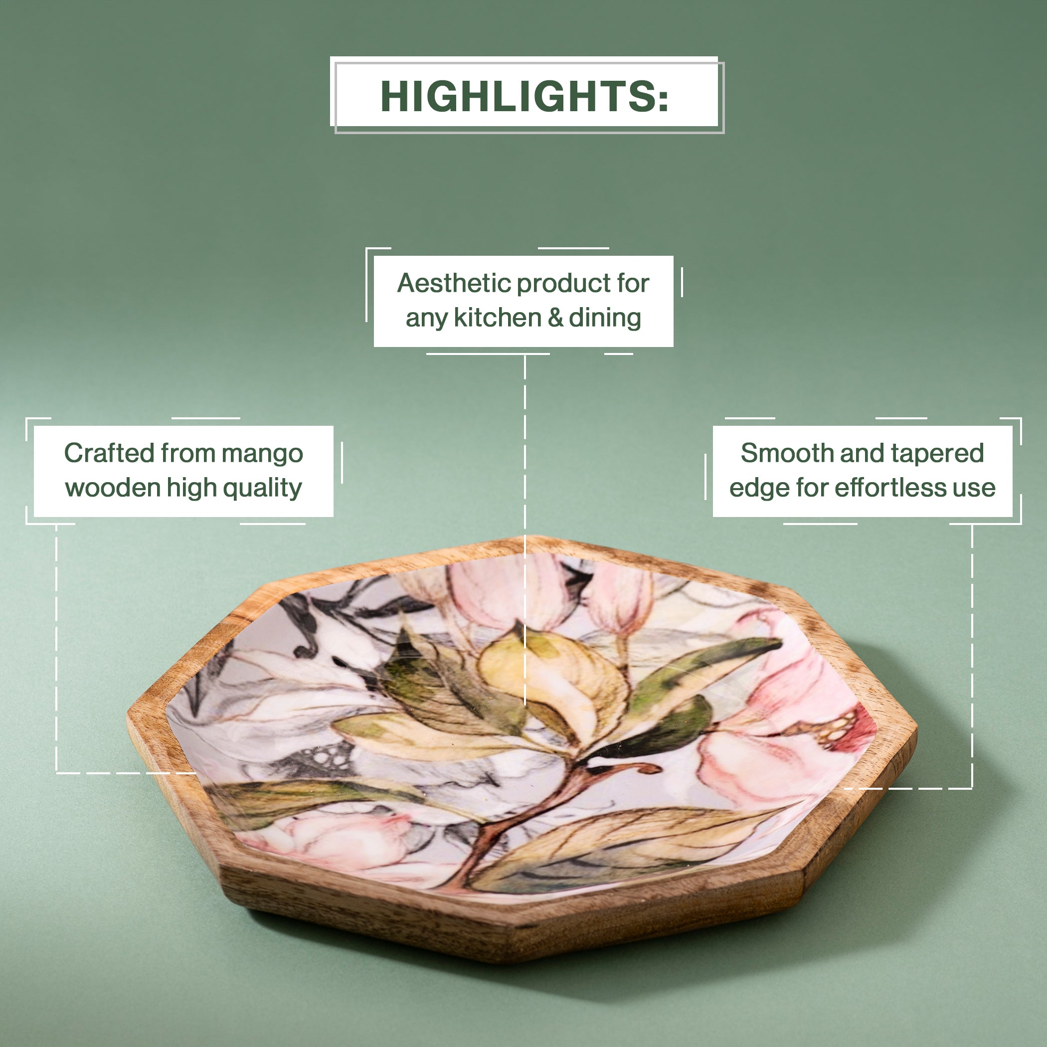 Handcrafted Mango-Wood Floral Grey Printed Platters Tray-Set Of 2