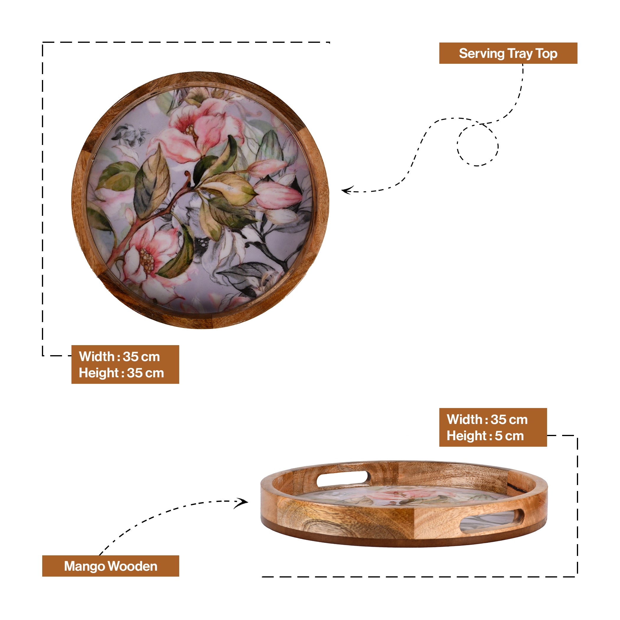 Handcrafted Mango-Wood Wooden Round Tray Pink Floral Design-Single