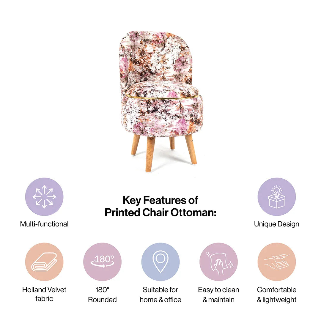 Printed Pouffes Chair with Ottoman Stool Combo in Cherry Blossoms