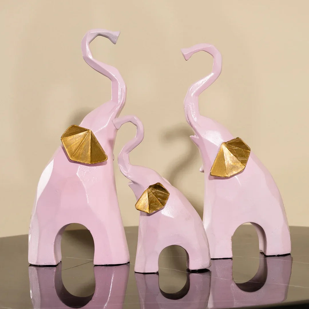 Set of 3 Geometric Pink Elephants Statue Figurine for Home Decor