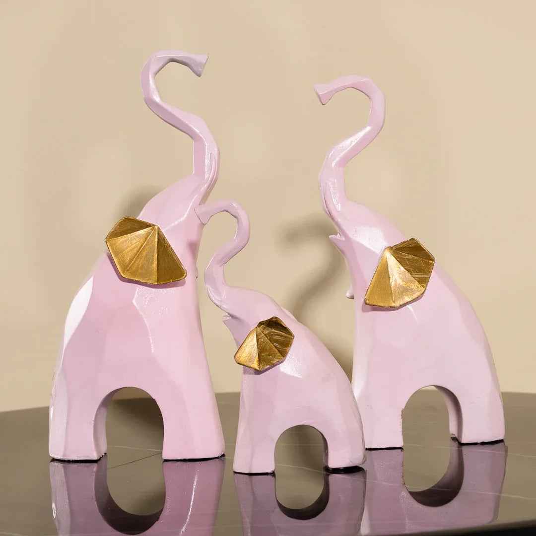 Decorative Pink Elephant Statue with Gold Finish Set of 3