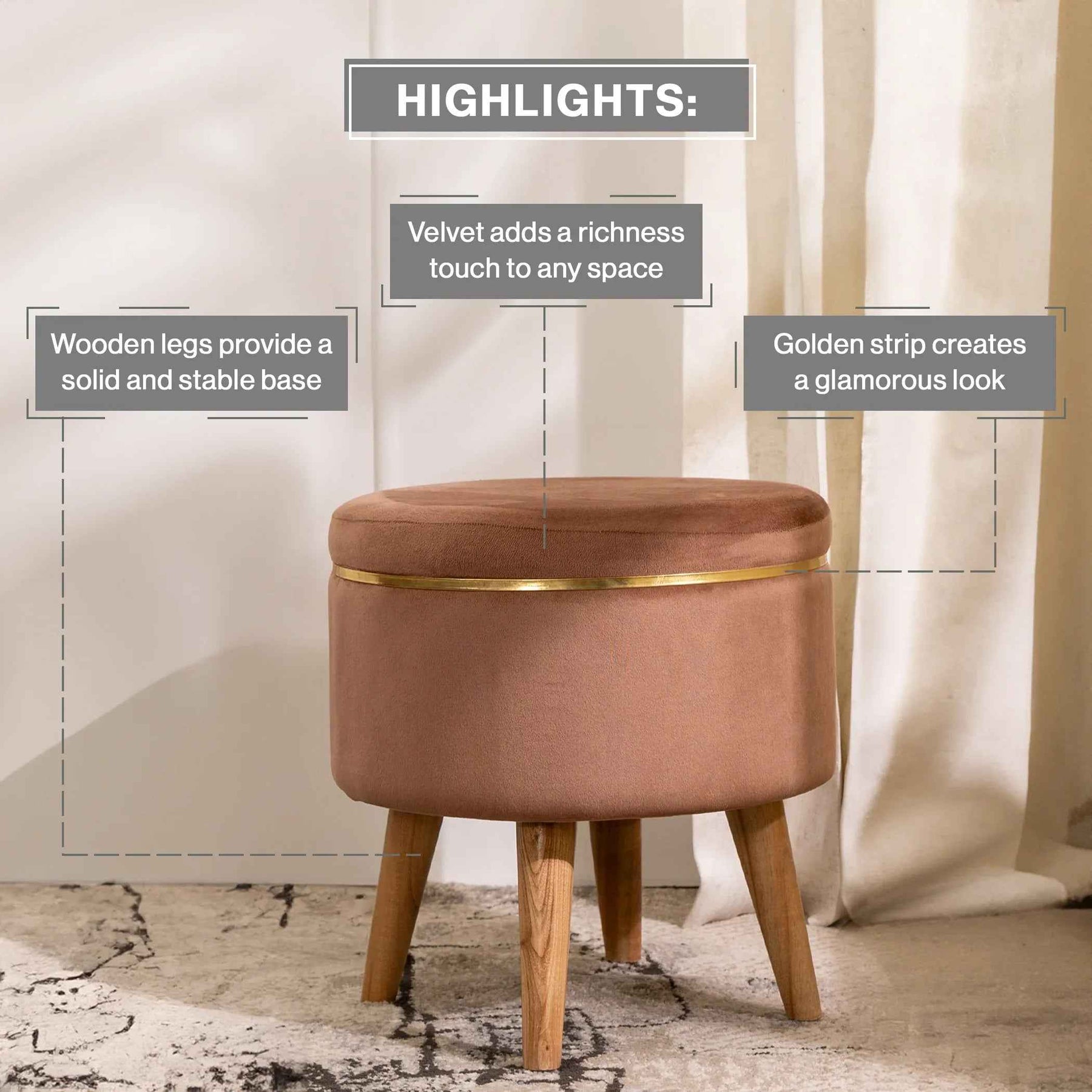 Ottoman Stool With Piping In Oak Brown - Combo Of 2