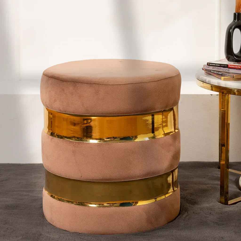 Round Velvet Ottoman Pouffe Stool for Living Room in Oak Brown