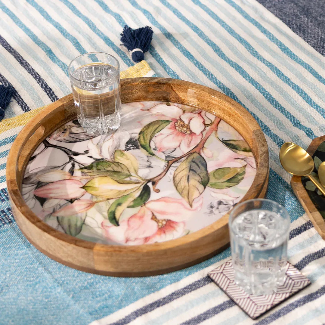 Handcrafted Mango-Wood Wooden Round Tray Pink Floral Design-Single