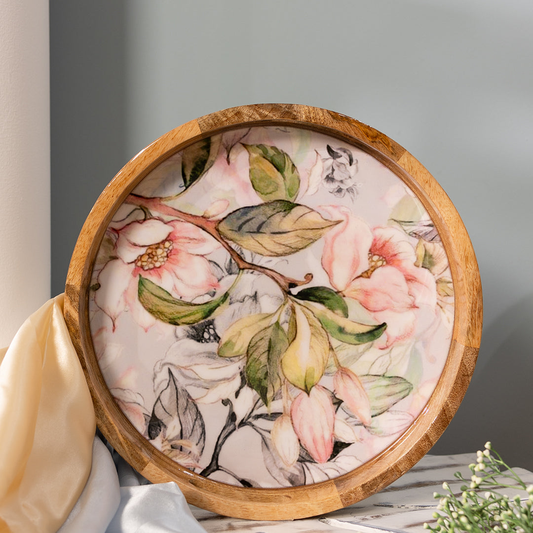 Handcrafted Mango-Wood Wooden Round Tray Pink Floral Design-Single