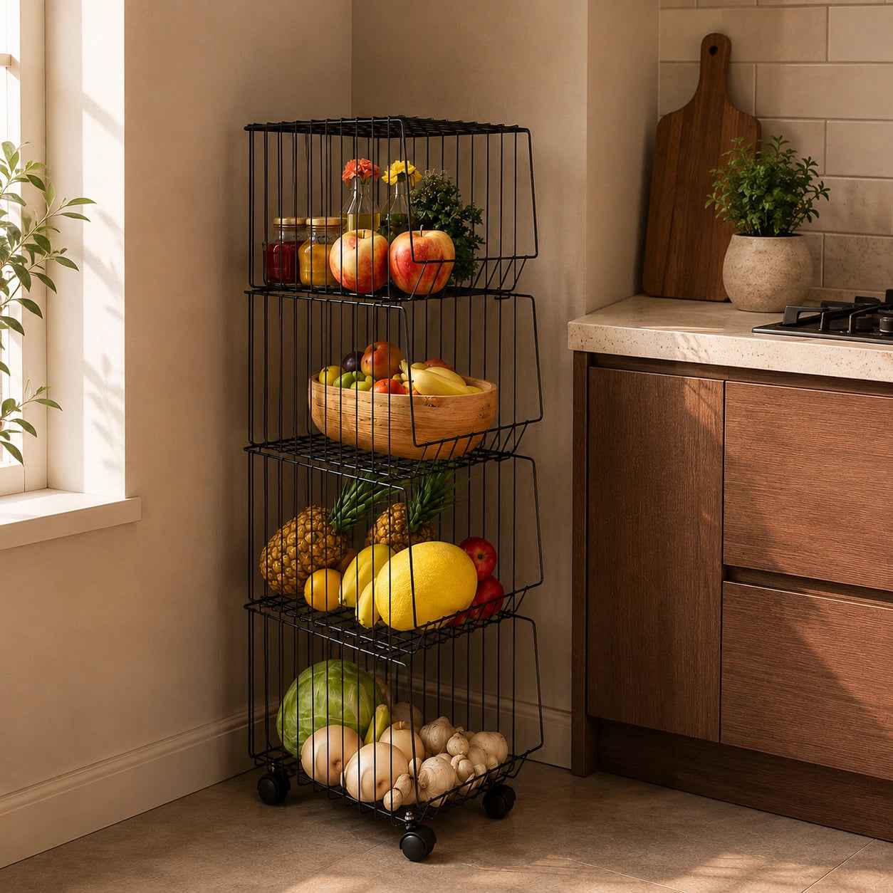 Premium 4-Tier Metal Wire Storage Basket with Wheels in Black