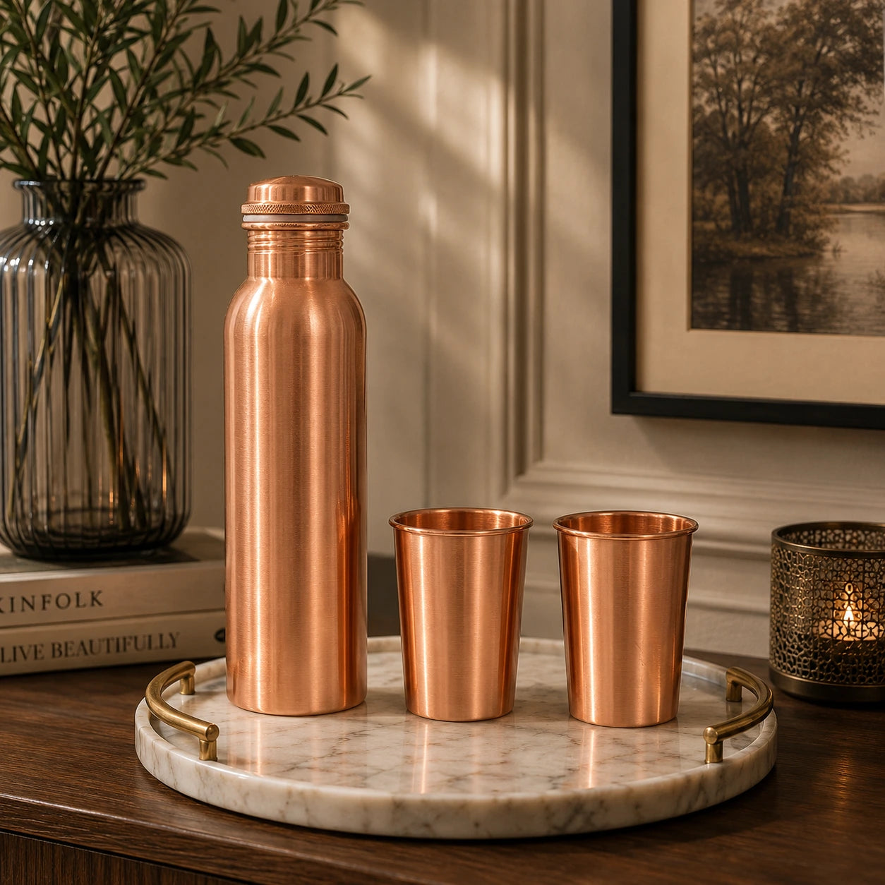 Premium Plain Copper Water Bottle with 2 Glasses