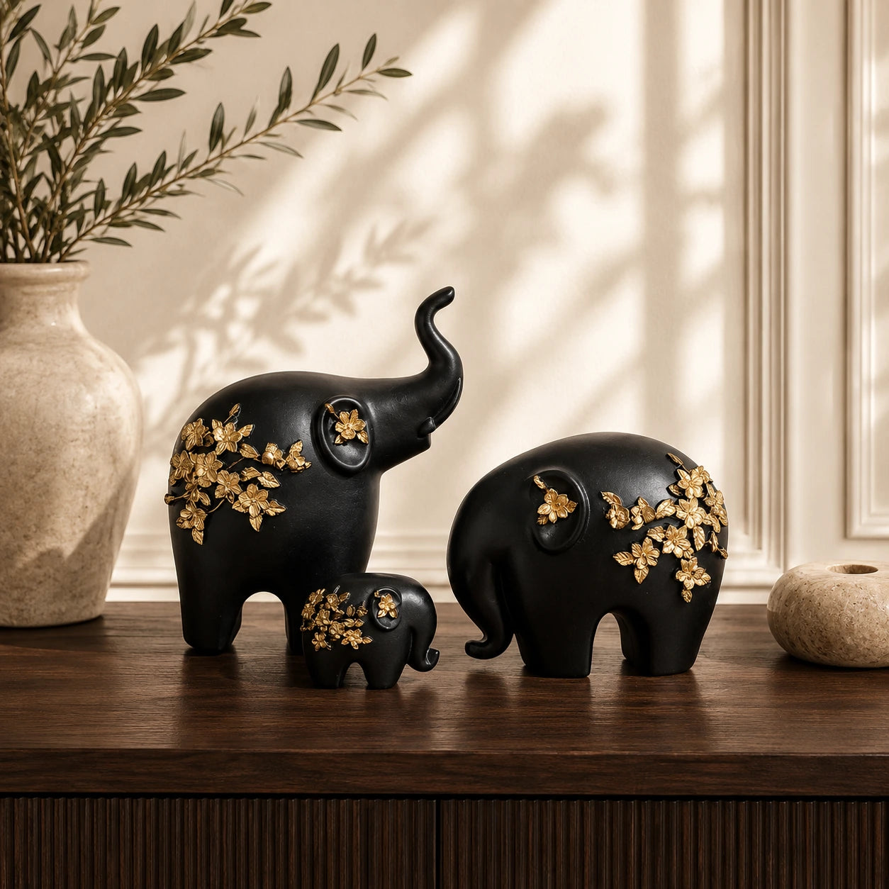 Premium Resin Elephant Family Showpiece Set of 3 with Floral Design