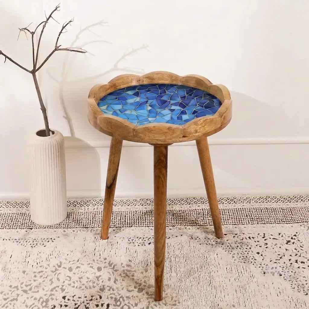 Premium Round Wooden Side Table with Blue Mosaic Design