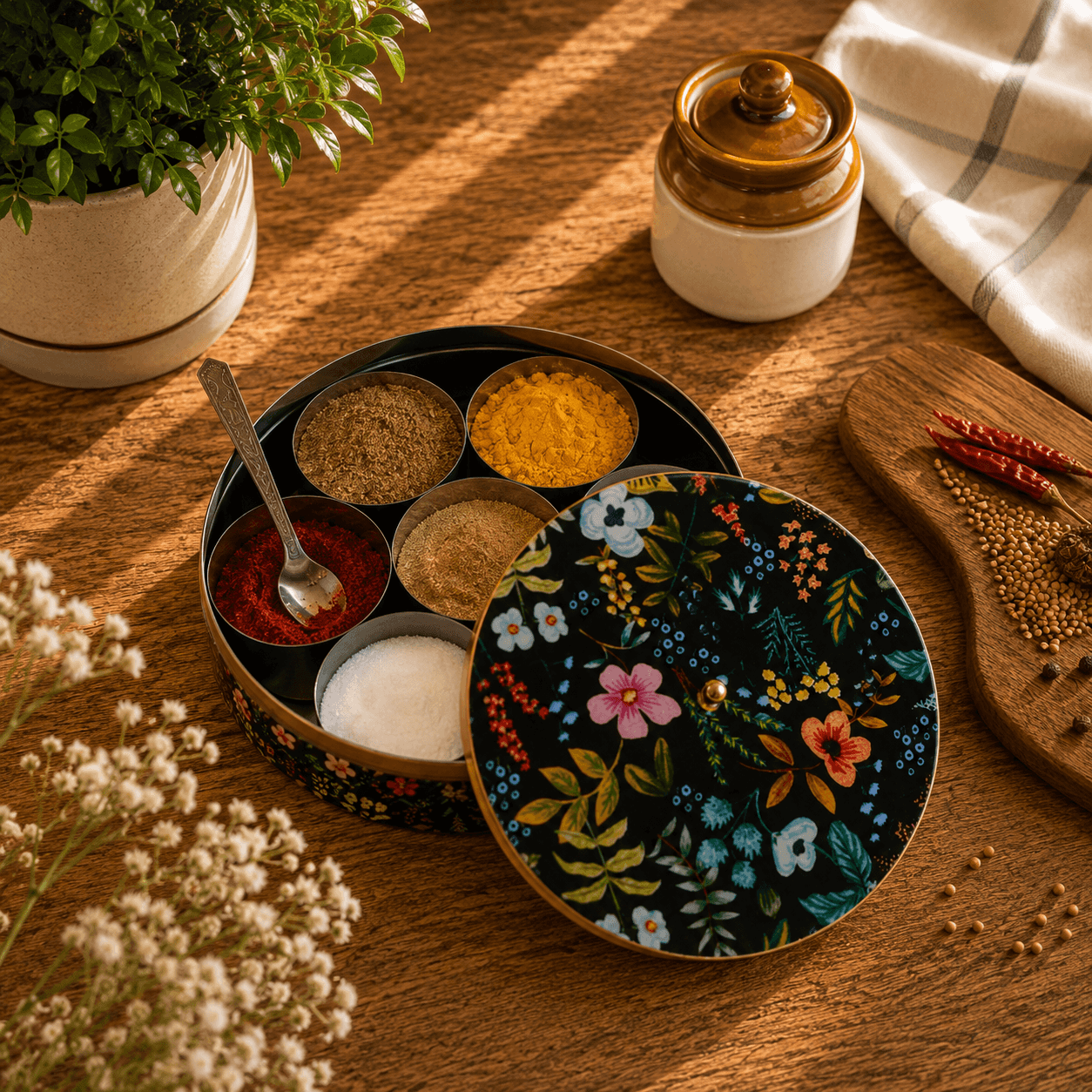 Premium Stainless Steel Masala Box (Spice Box) in Black Blossom