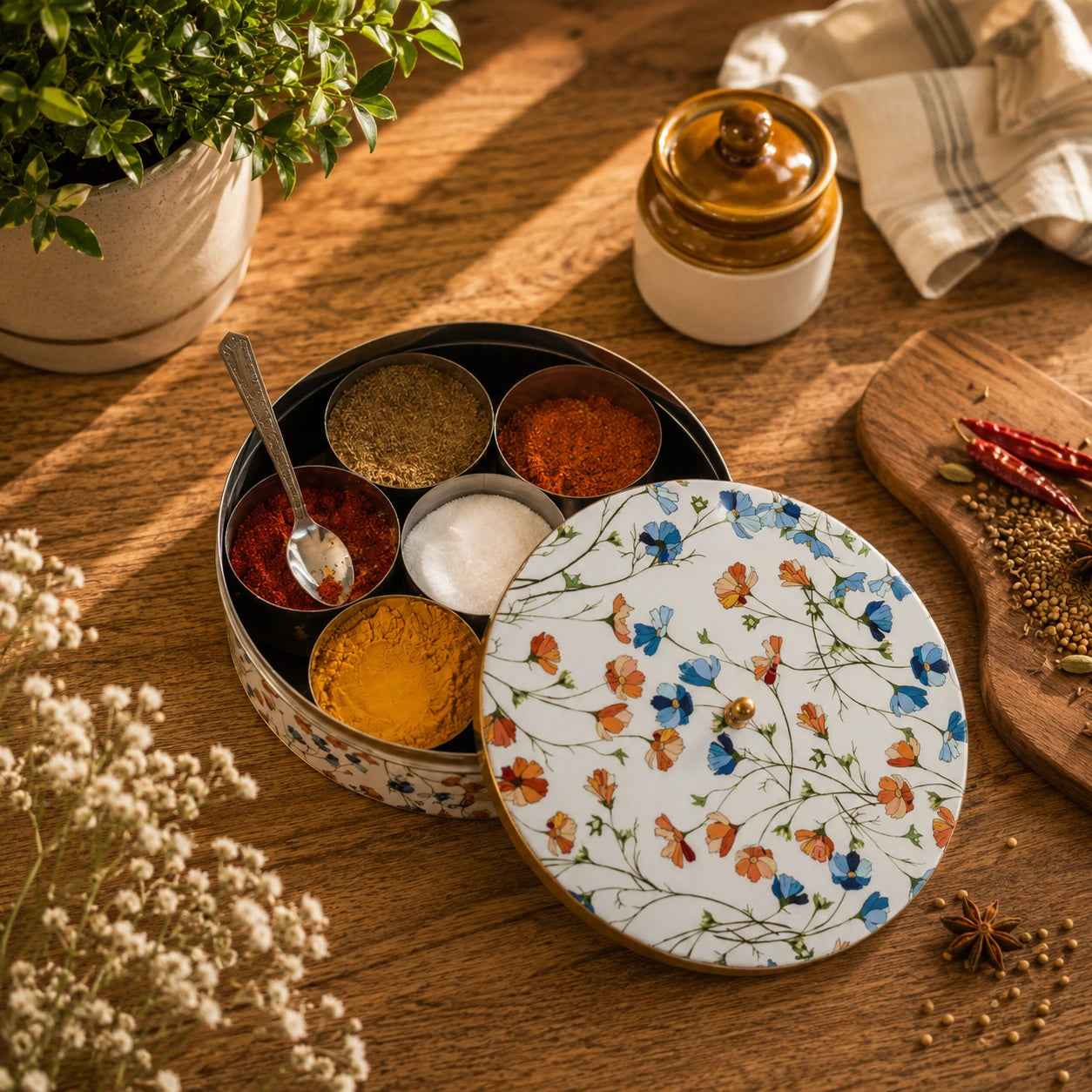 Premium Stainless Steel Masala Box (Spice Box) in Spring Blossom Design