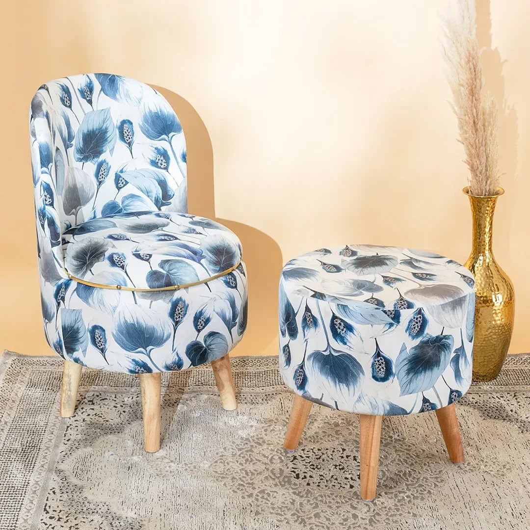 Modern Printed Velvet Chair with Ottoman Stool Combo in Leafy Drift