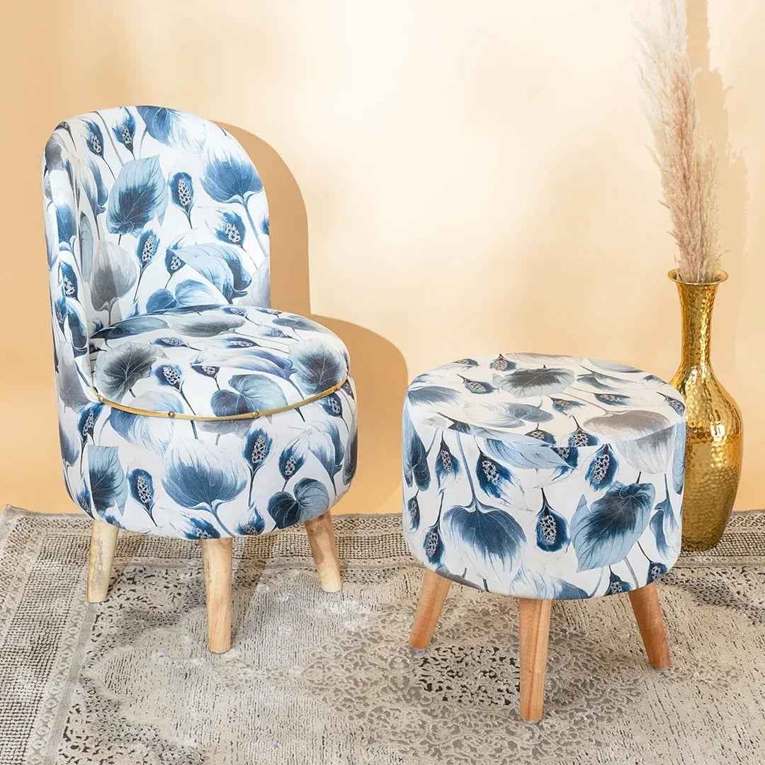 Modern Printed Velvet Chair with Ottoman Stool Combo in Leafy Drift
