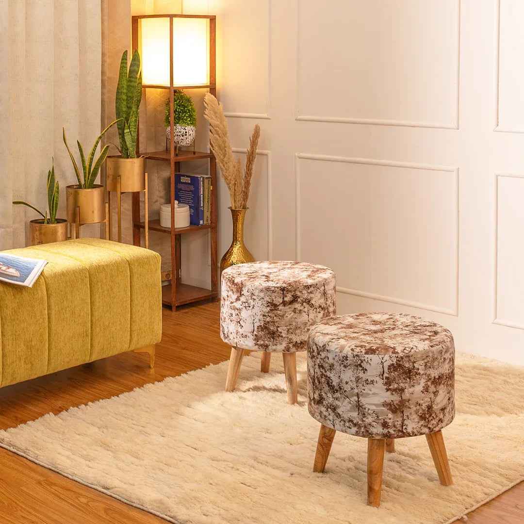 Printed Ottoman Pouffe Stool In Brewed Bean - Combo Of 2
