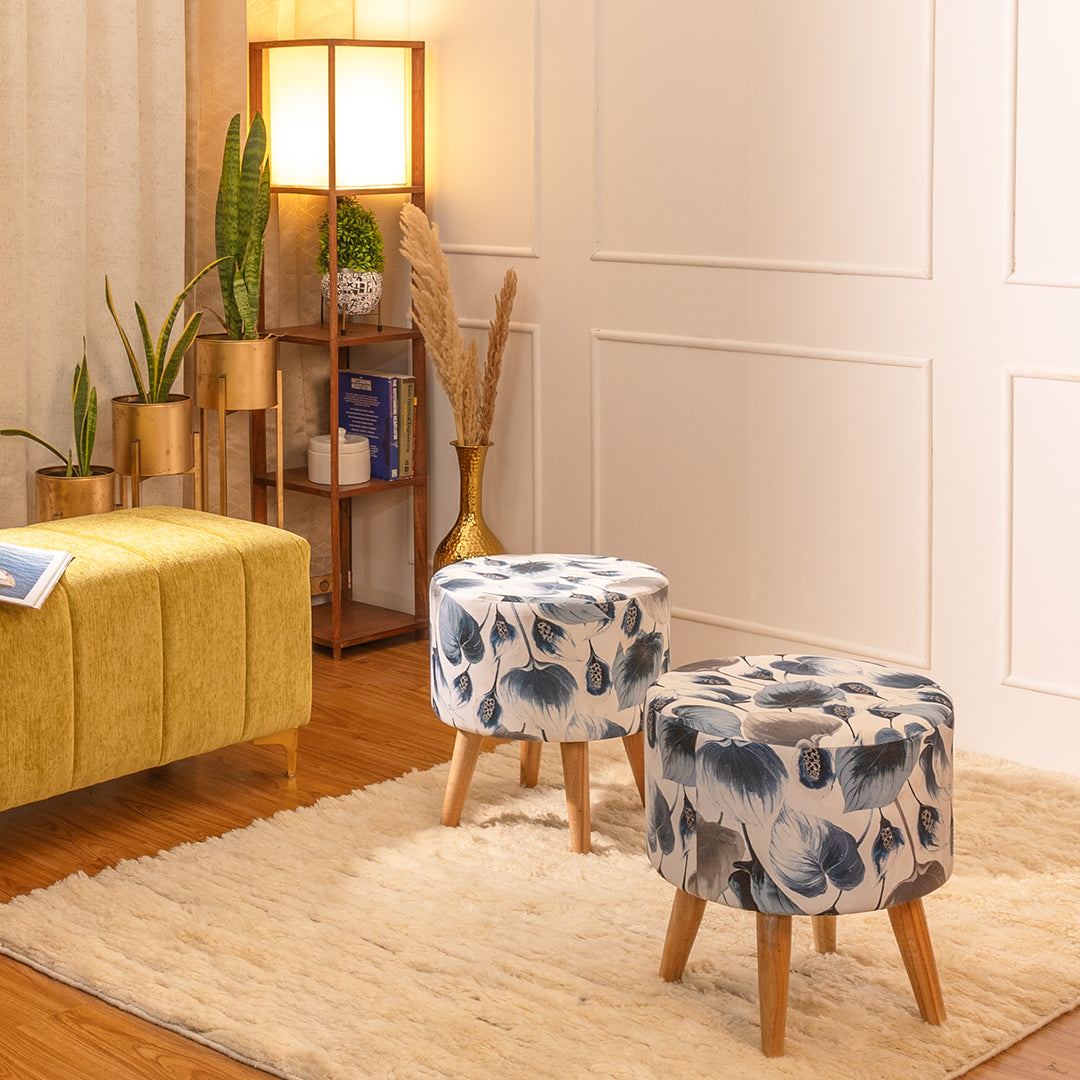 Printed Ottoman Pouff Stool In Leafy Drift - Combo Of 2