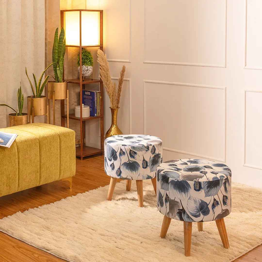 Printed Ottoman Pouff Stool In Leafy Drift - Combo Of 2