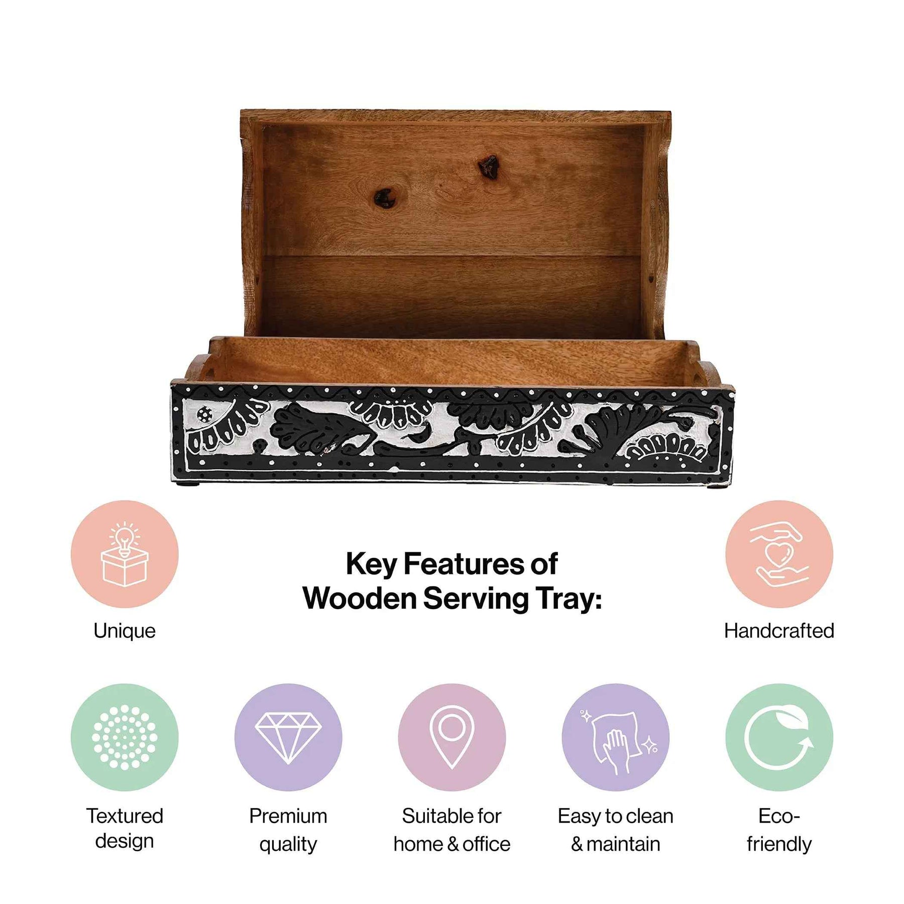 Wooden Breakfast & Snack Serving Tray with Black Floral Design