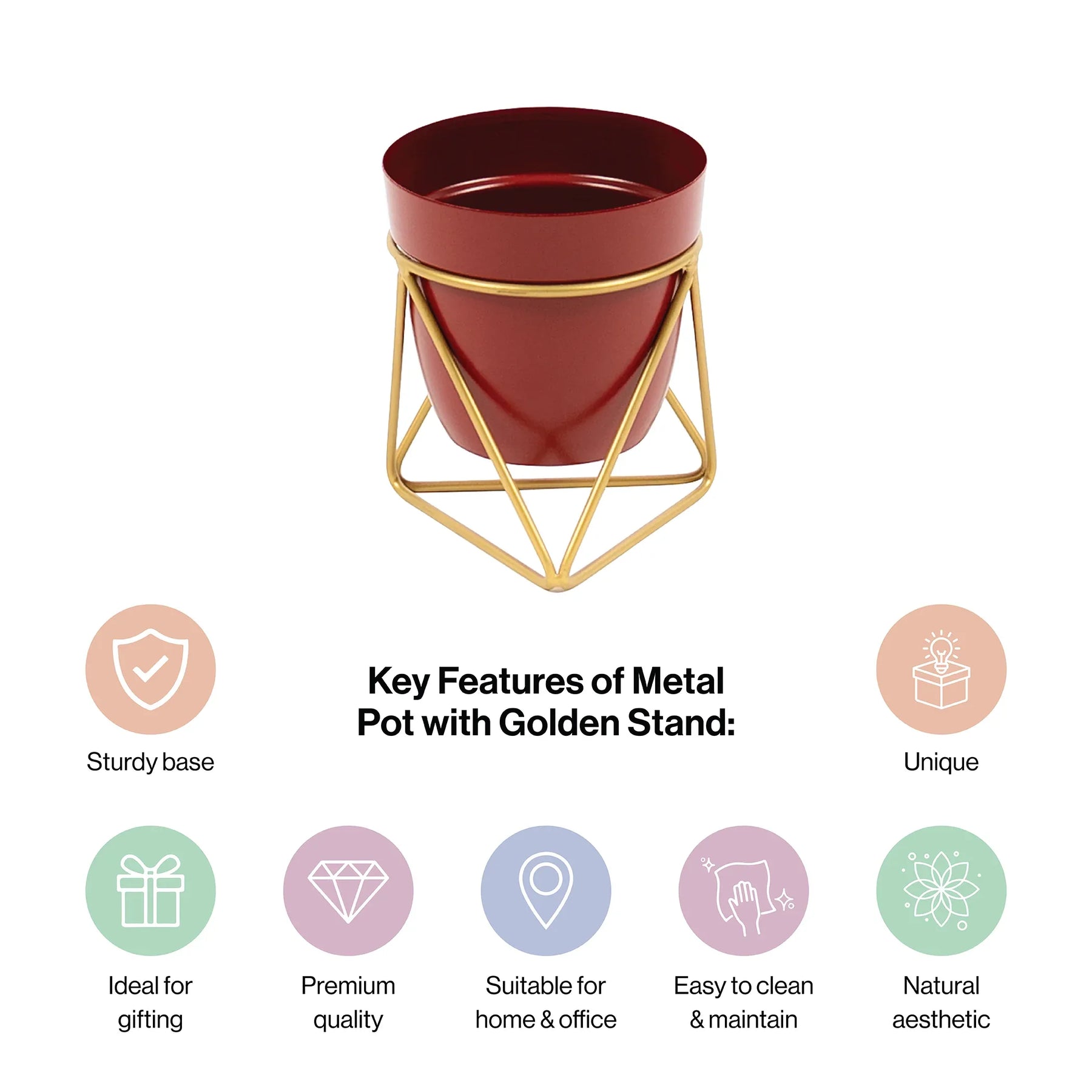 Single Golden Metal Pot Plant Stand In Mahogany