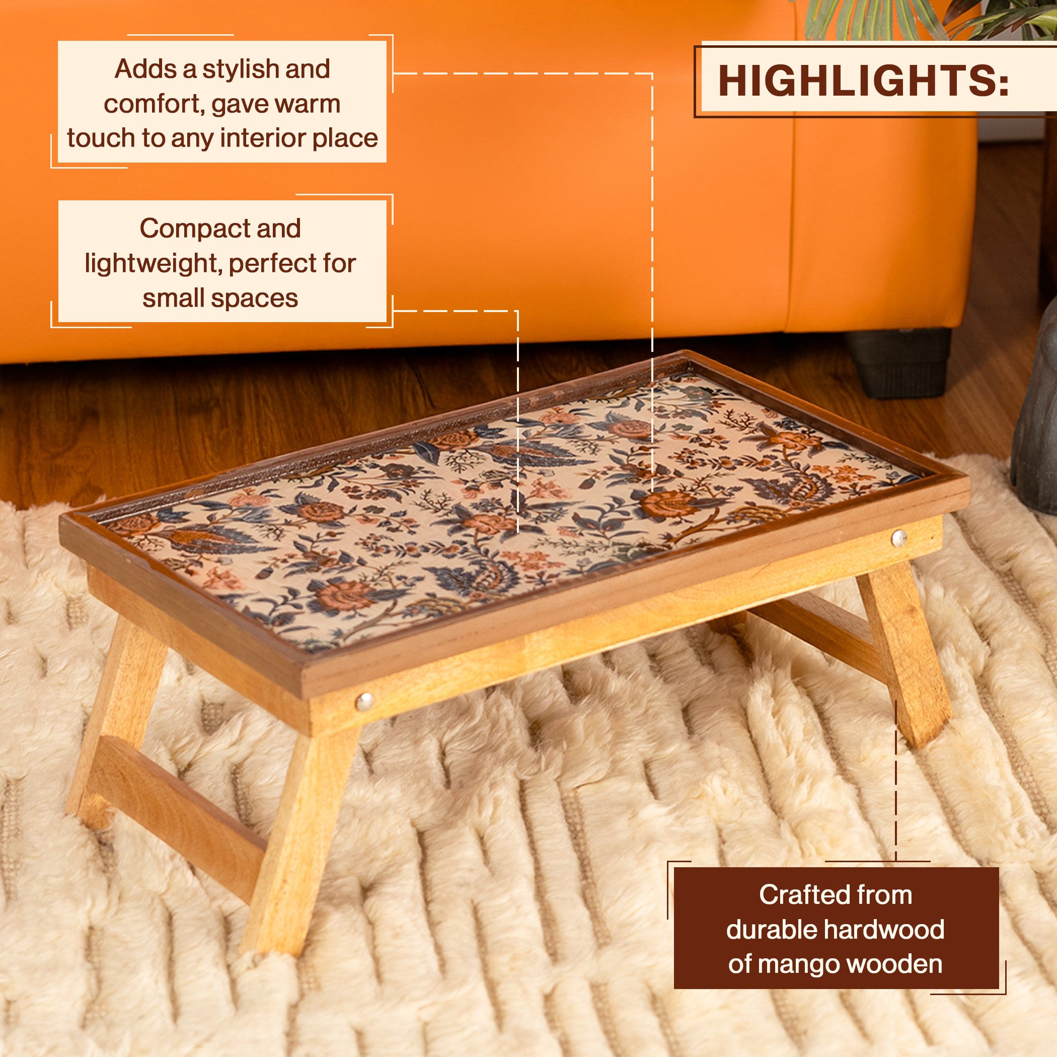 mango wood fixed study bed table in blueflower-epoxy resin