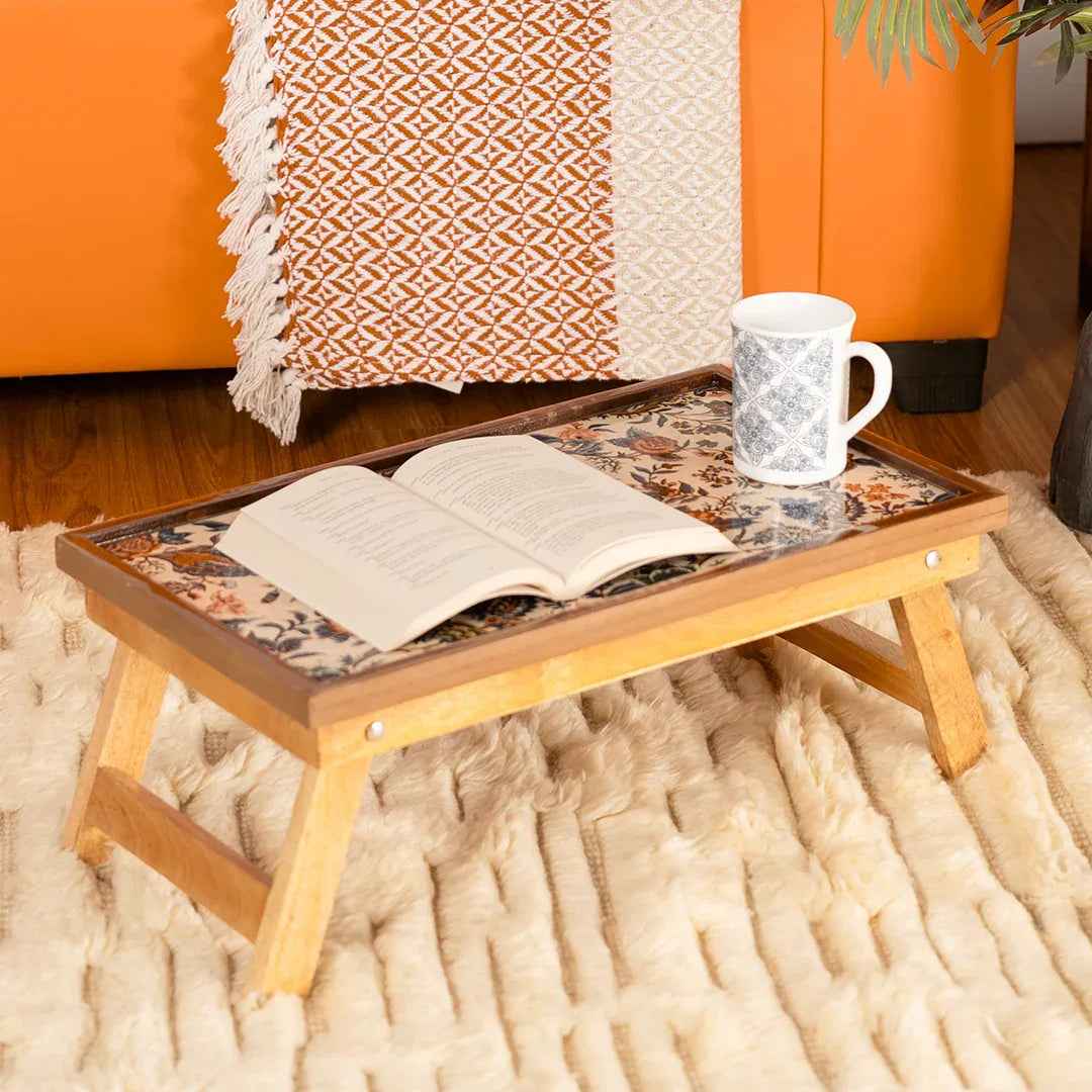 Mango Wood Fixed Study and Laptop Table in Blueflower-Epoxy Resin