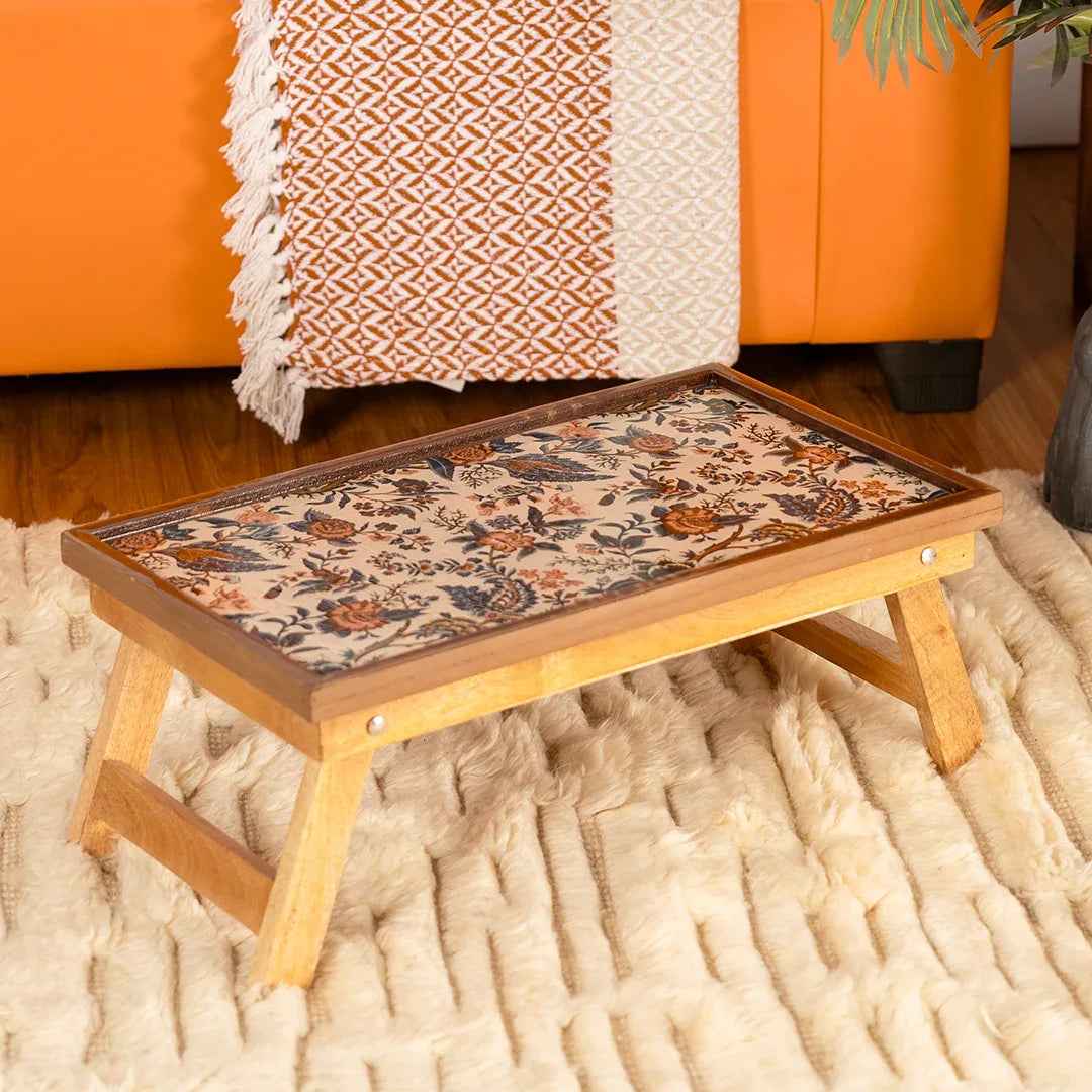 Mango Wood Fixed Study and Laptop Table in Blueflower-Epoxy Resin