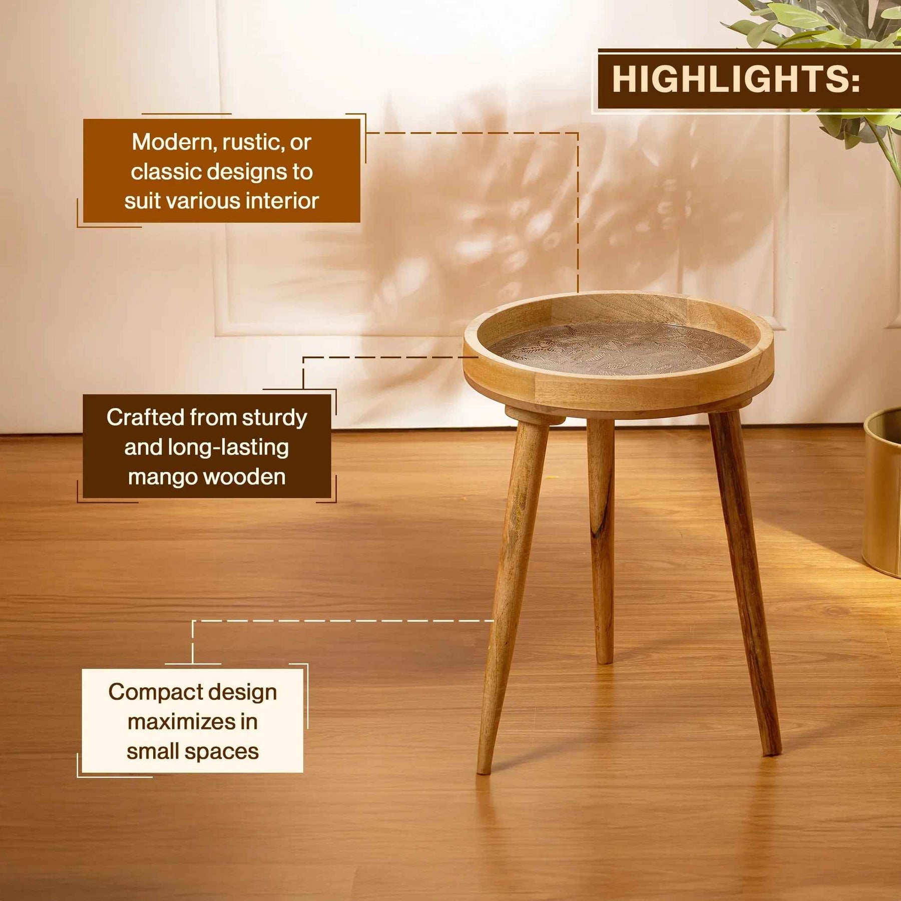 Round Mango Wood Side Table in Rose Gold for Living Room
