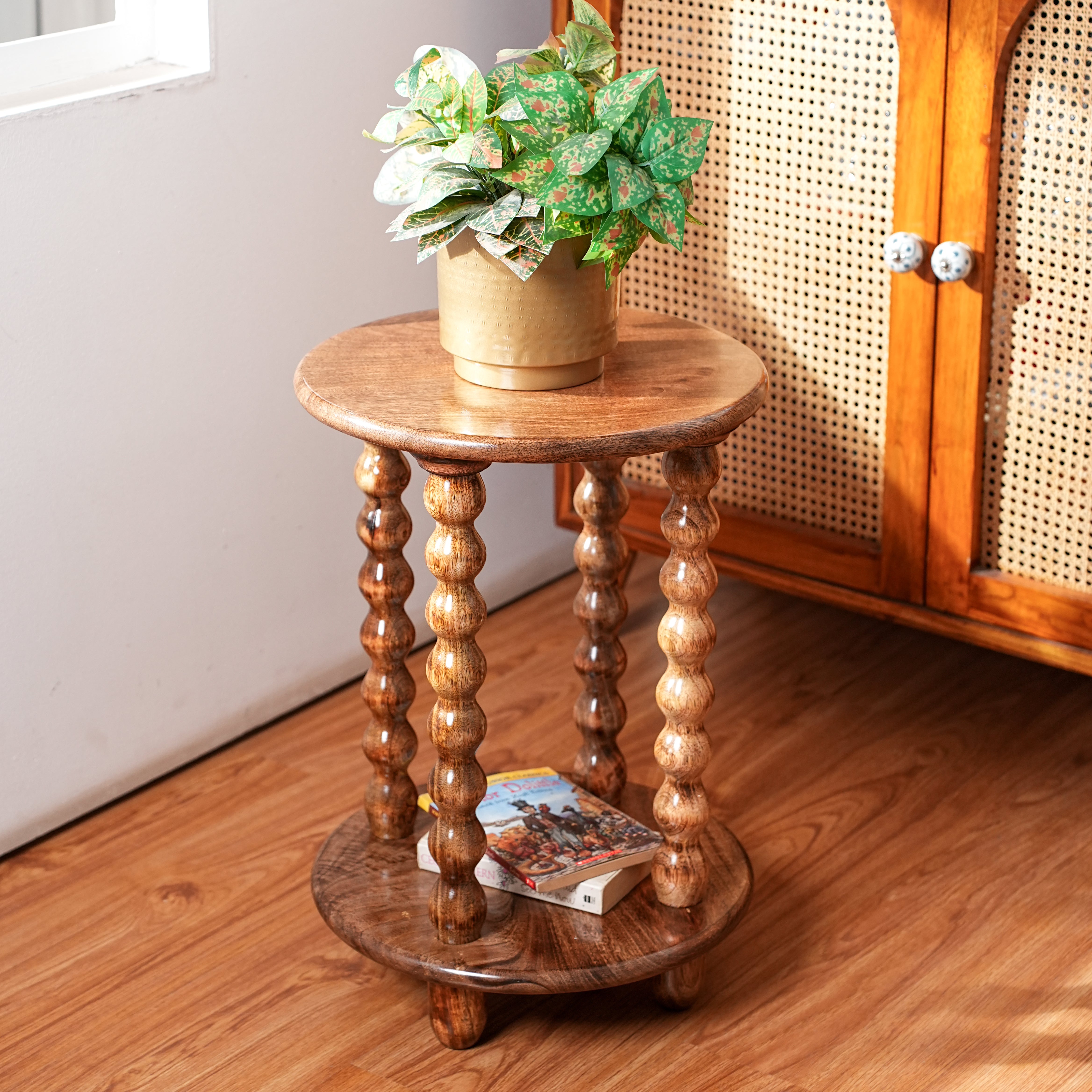Round Wooden Side Table with Storage and Beaded Legs in Honey Oak for Living Room