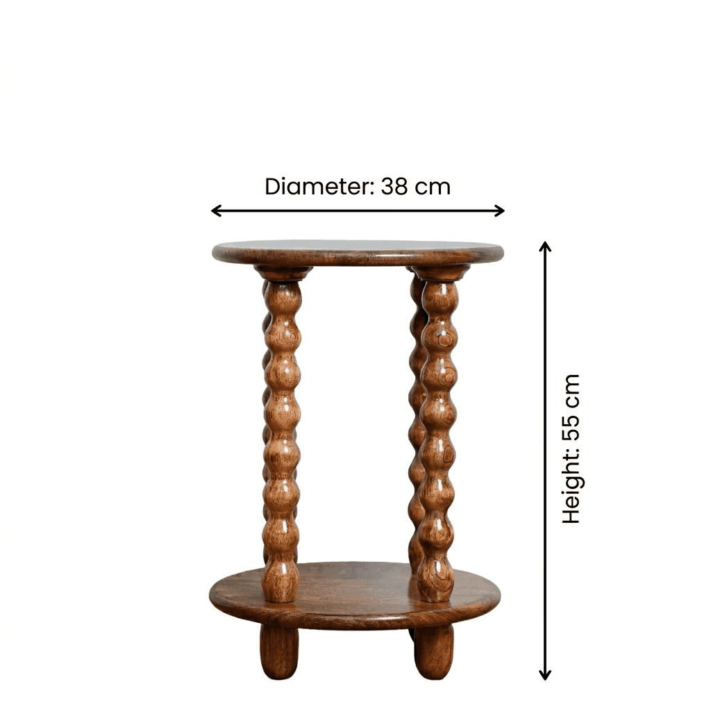 Round Wooden Side Table with Storage & Beaded Legs in Honey Oak