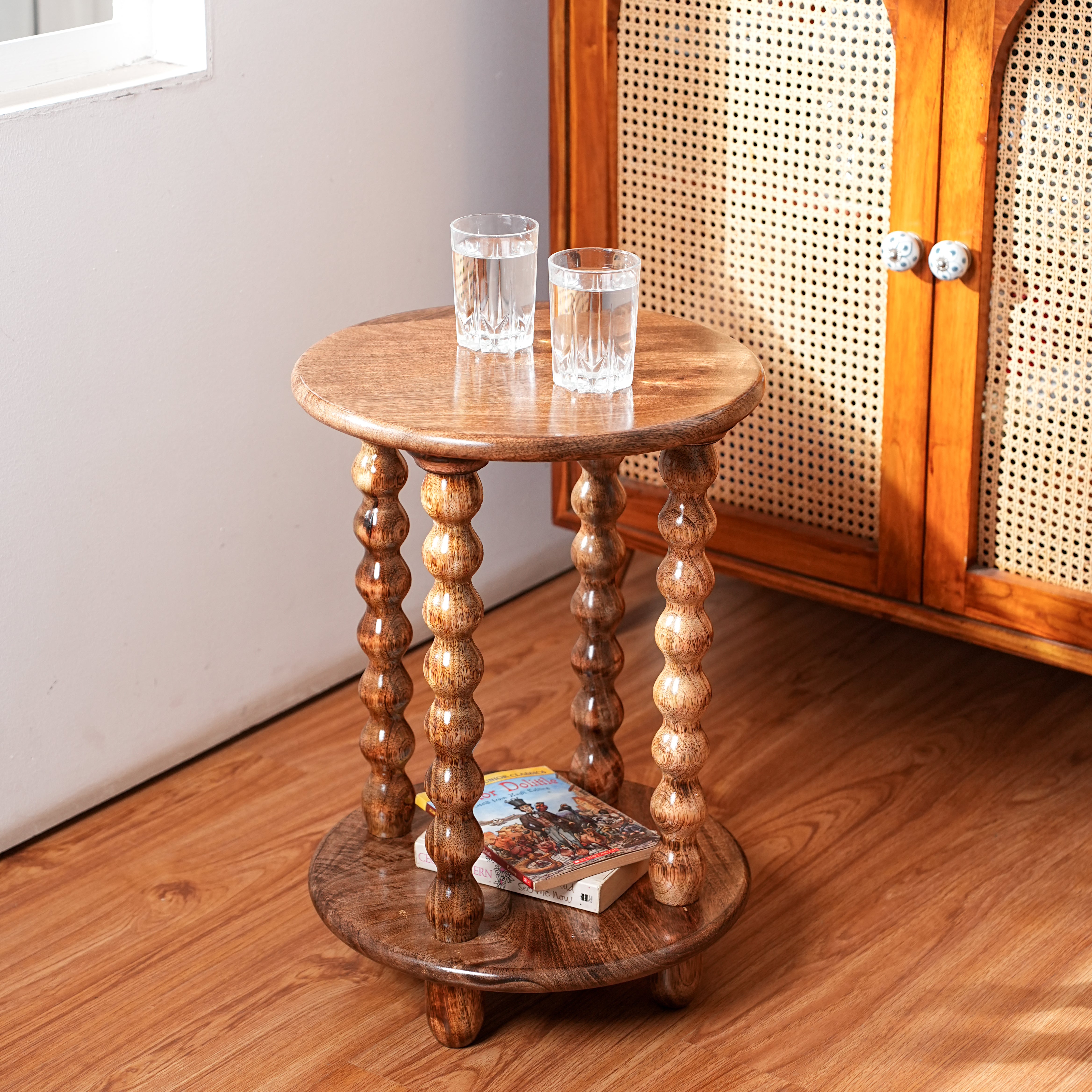 Round Wooden Side Table with Storage and Beaded Legs in Honey Oak for Living Room