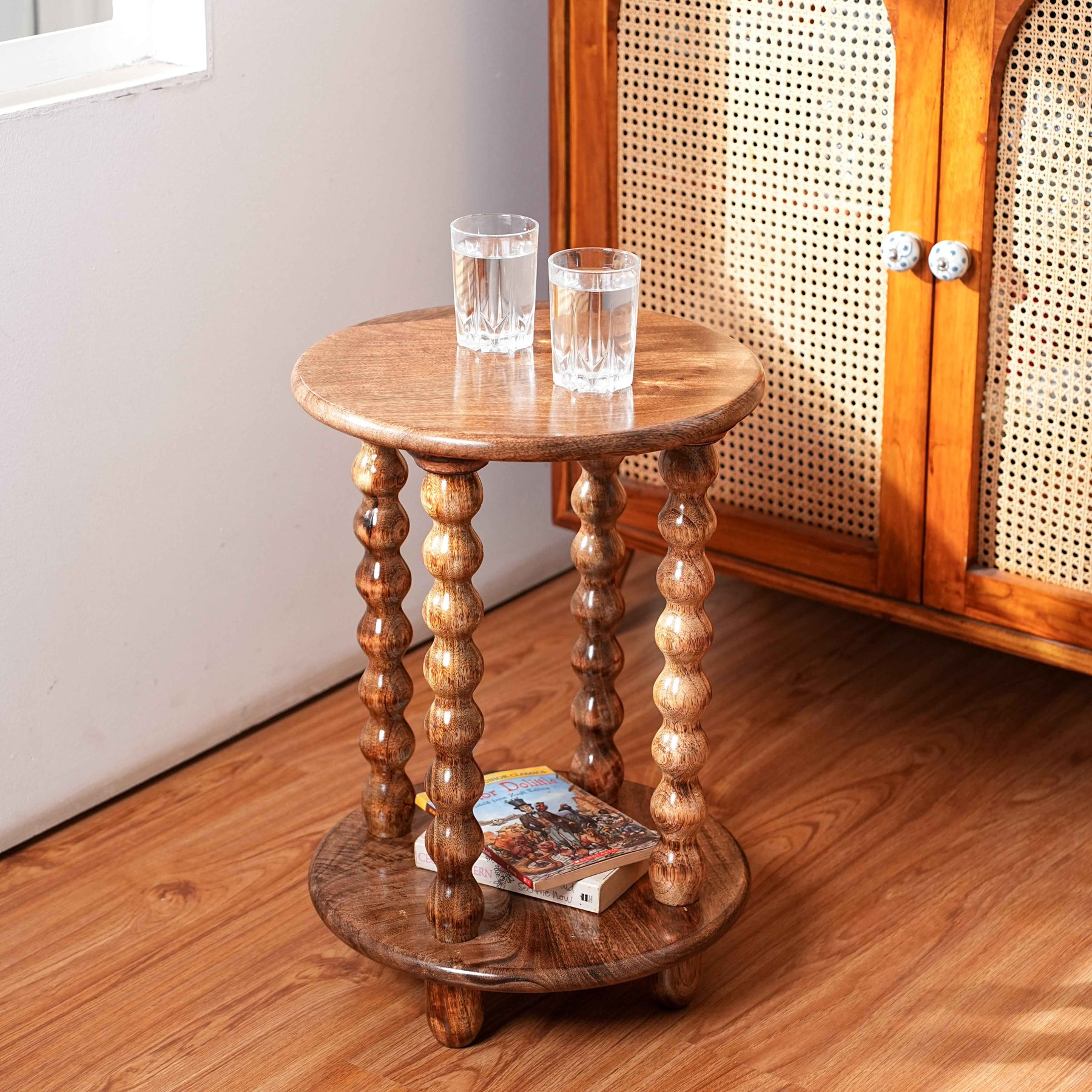 Round Wooden Side Table with Storage & Beaded Legs in Honey Oak
