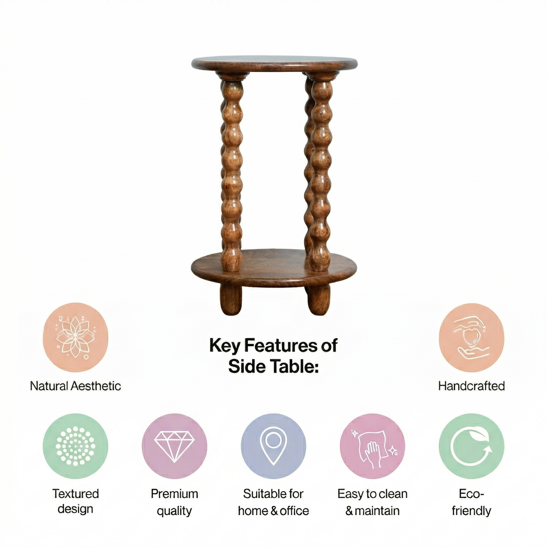Round Wooden Side Table with Storage and Beaded Legs in Honey Oak for Living Room