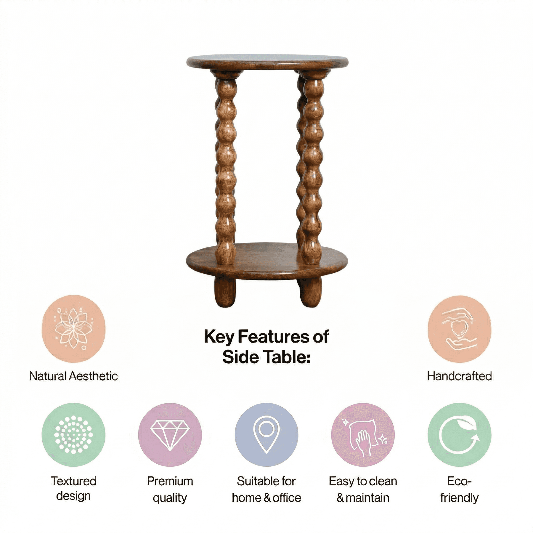 Round Wooden Side Table with Storage & Beaded Legs in Honey Oak