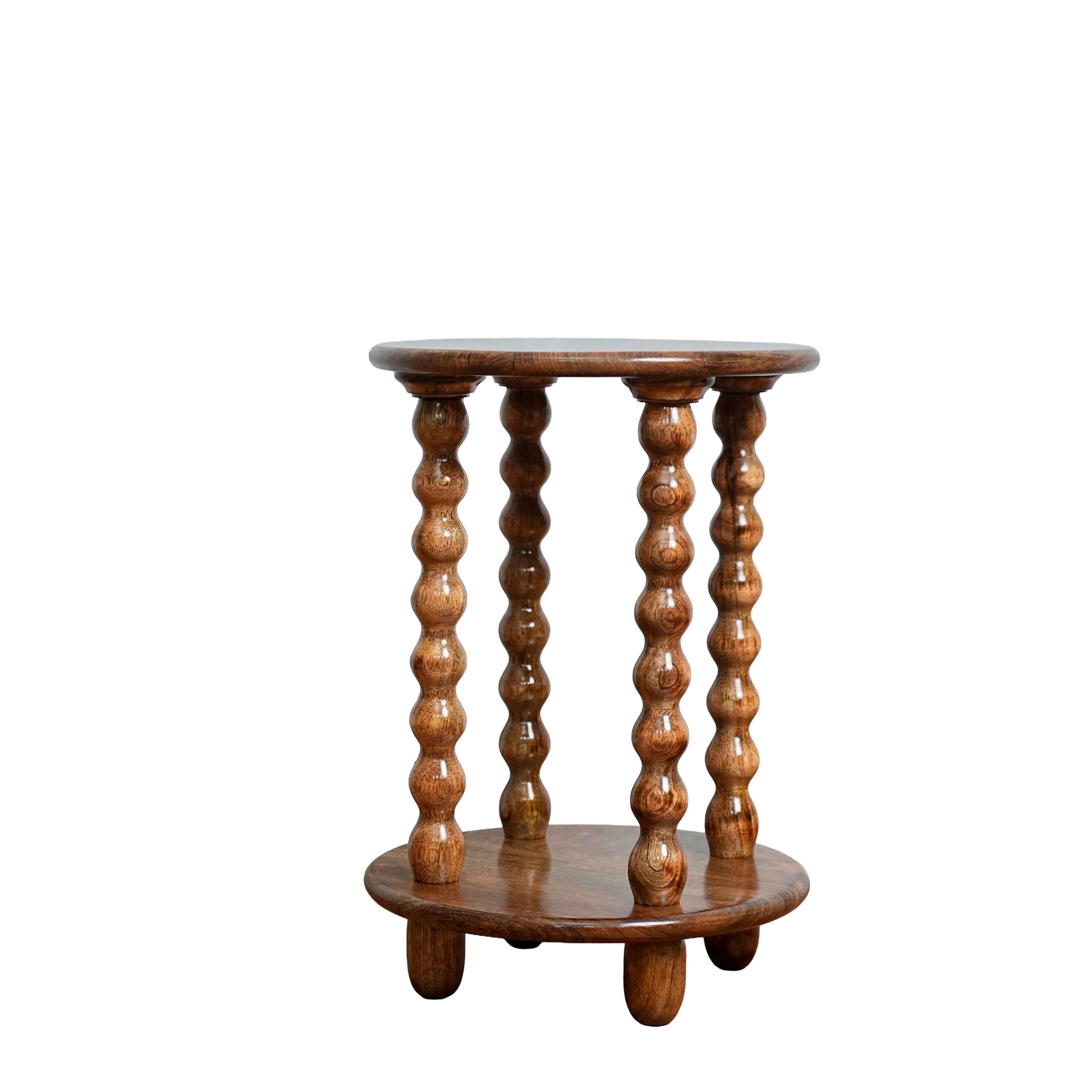 Round Wooden Side Table with Storage & Beaded Legs in Honey Oak