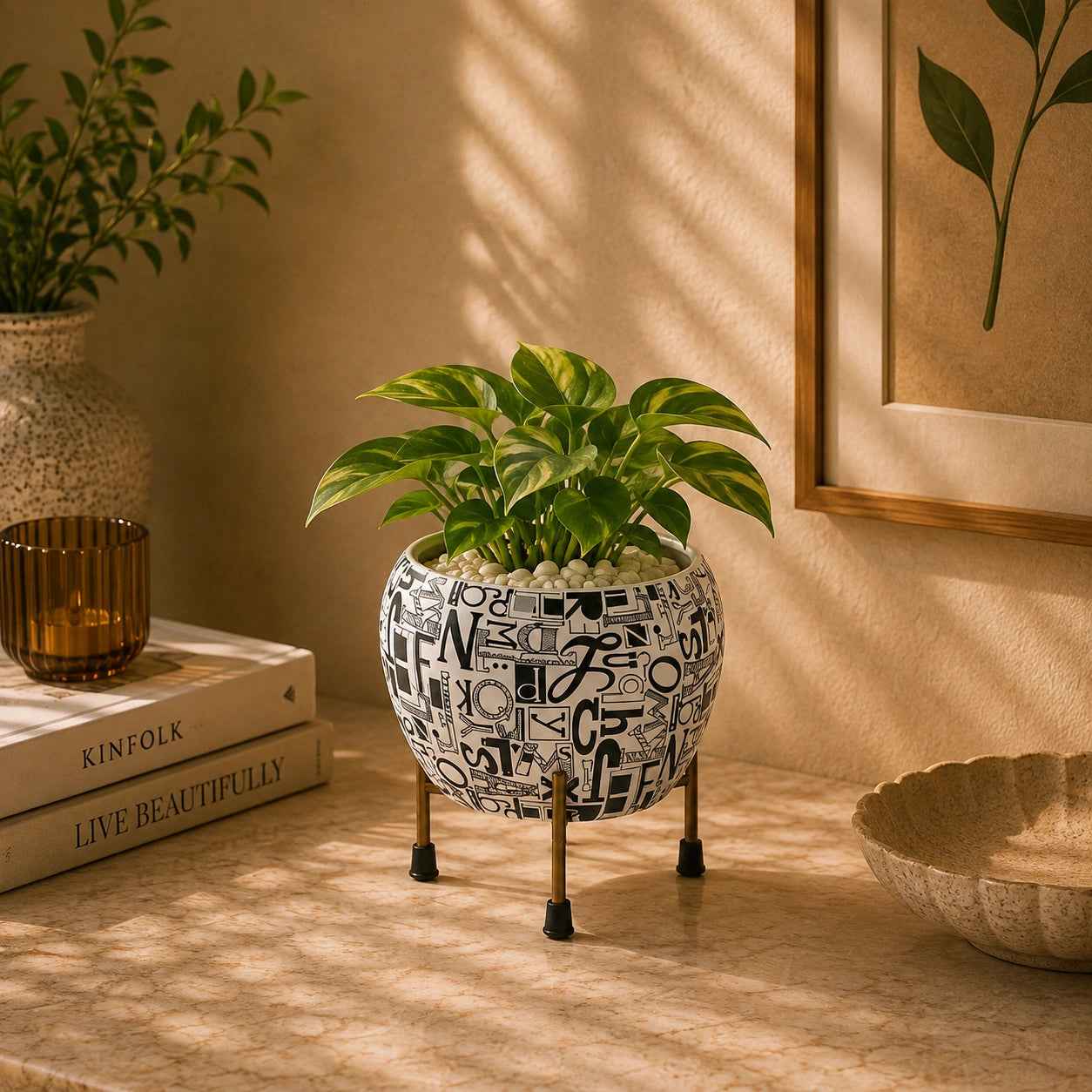 Round Iron Metal Meena Pots with Iron Stand in Black Design