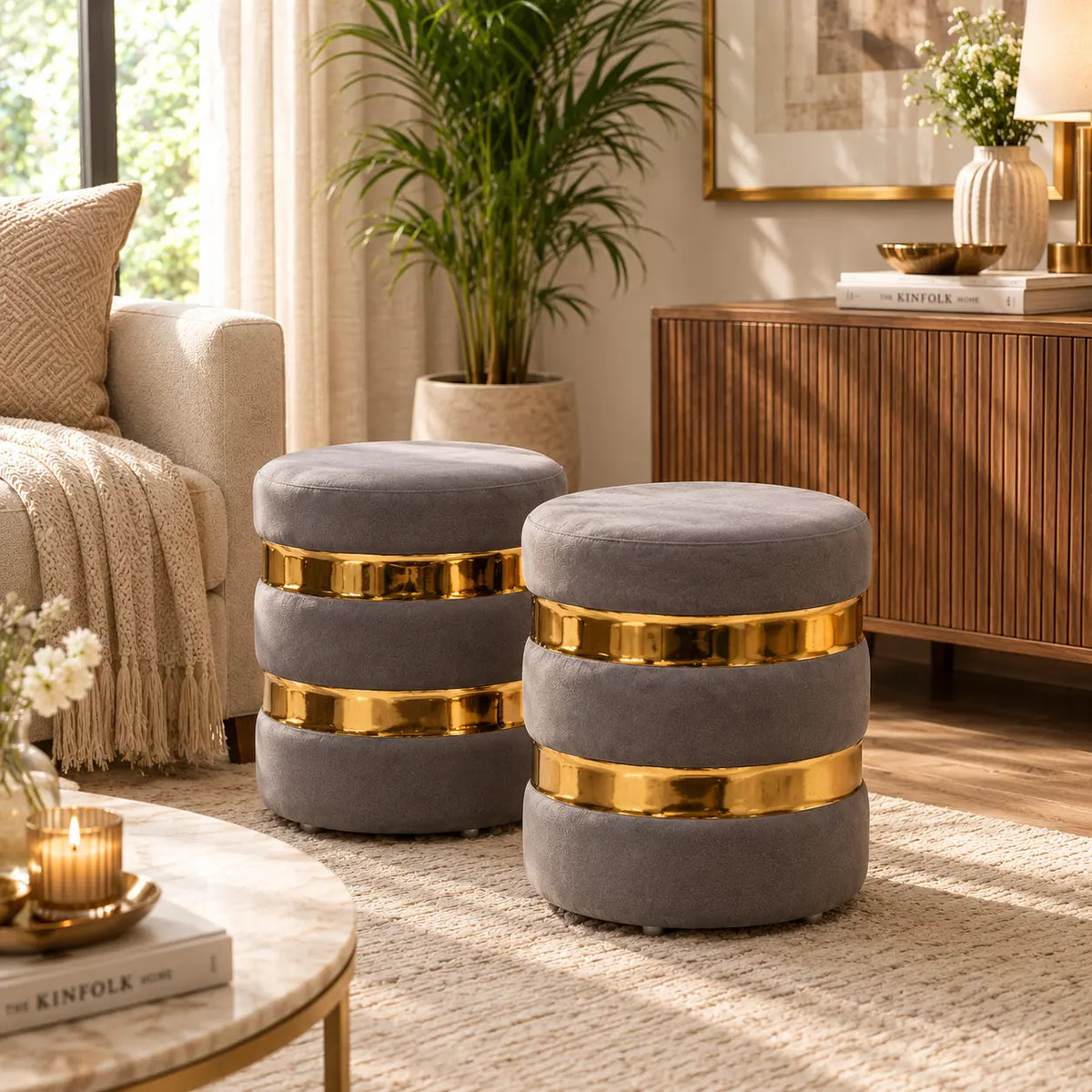 Round Velvet Ottoman Stool Set of 2 in Moonlit Grey