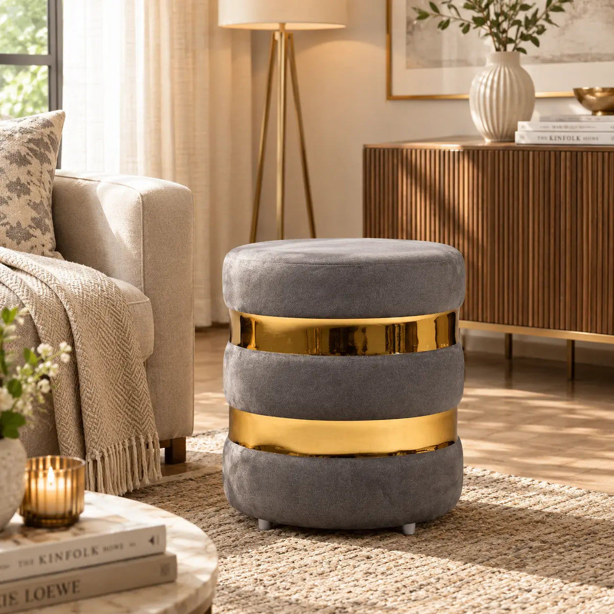 Round Velvet Ottoman Stool for living Room in Moonlit Grey
