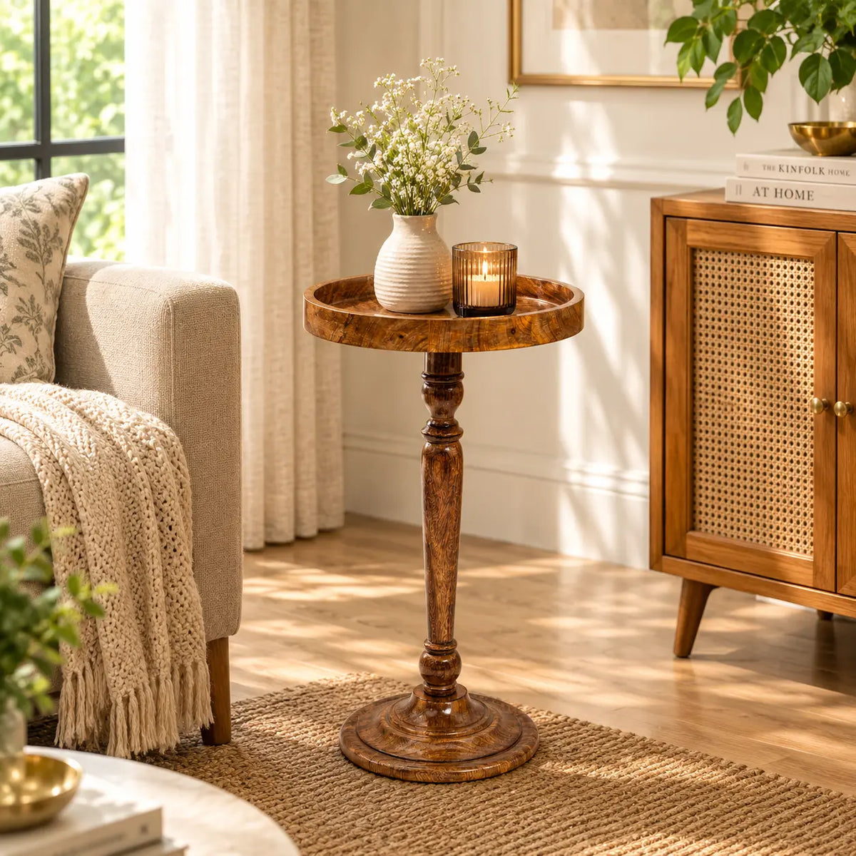 Round Wooden Side Table with Pedestal in Walnut Brown
