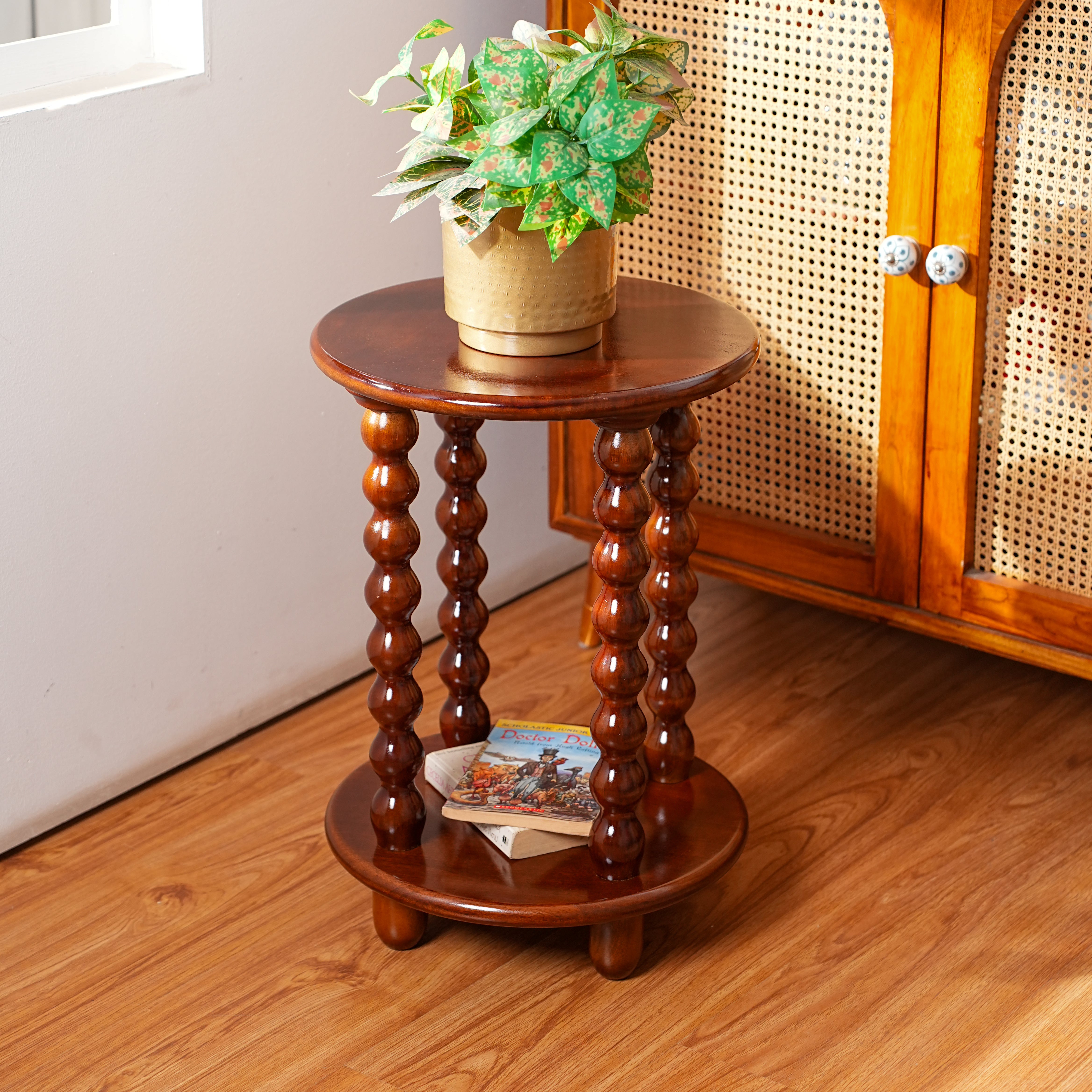 Round Wooden Side Table with Storage and Beaded Legs in Walnut Brown for Living Room Decor