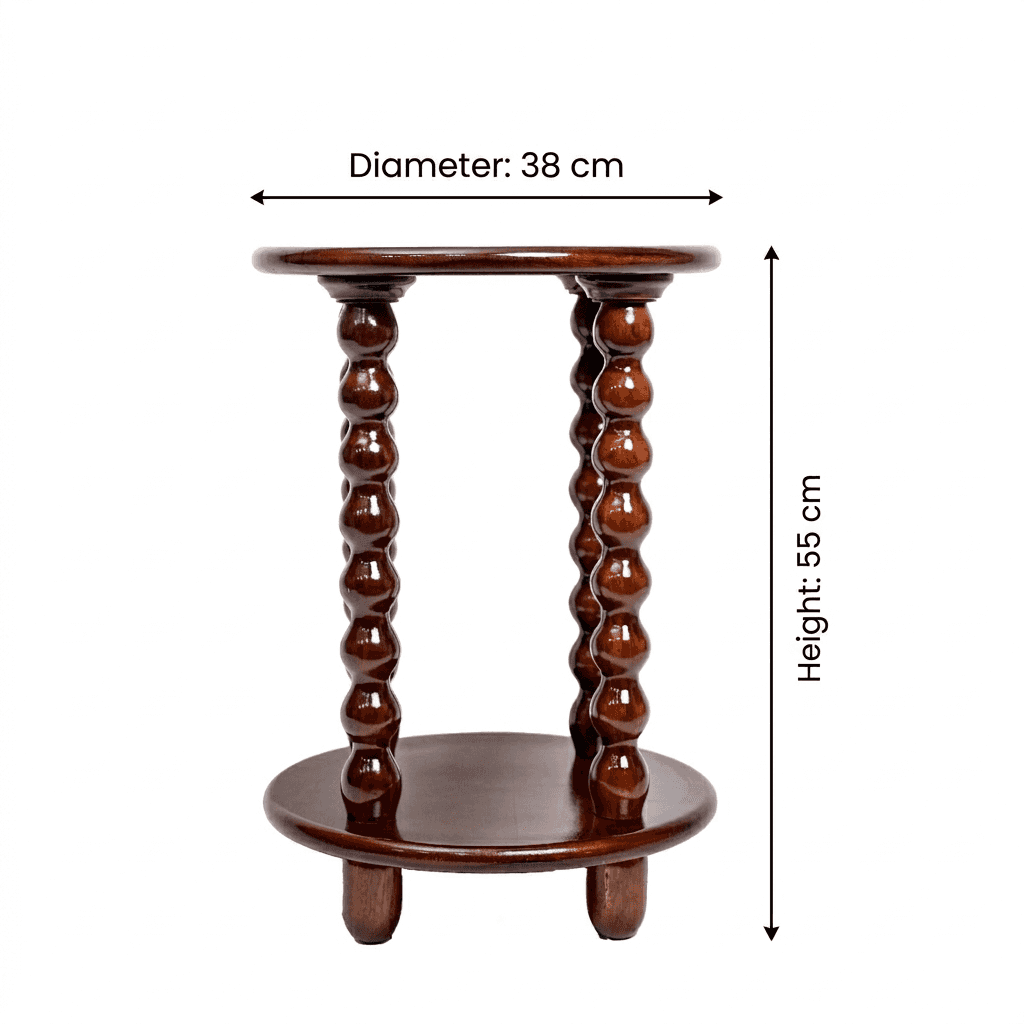 Round Side Table with Storage & Beaded Leg in Walnut Brown