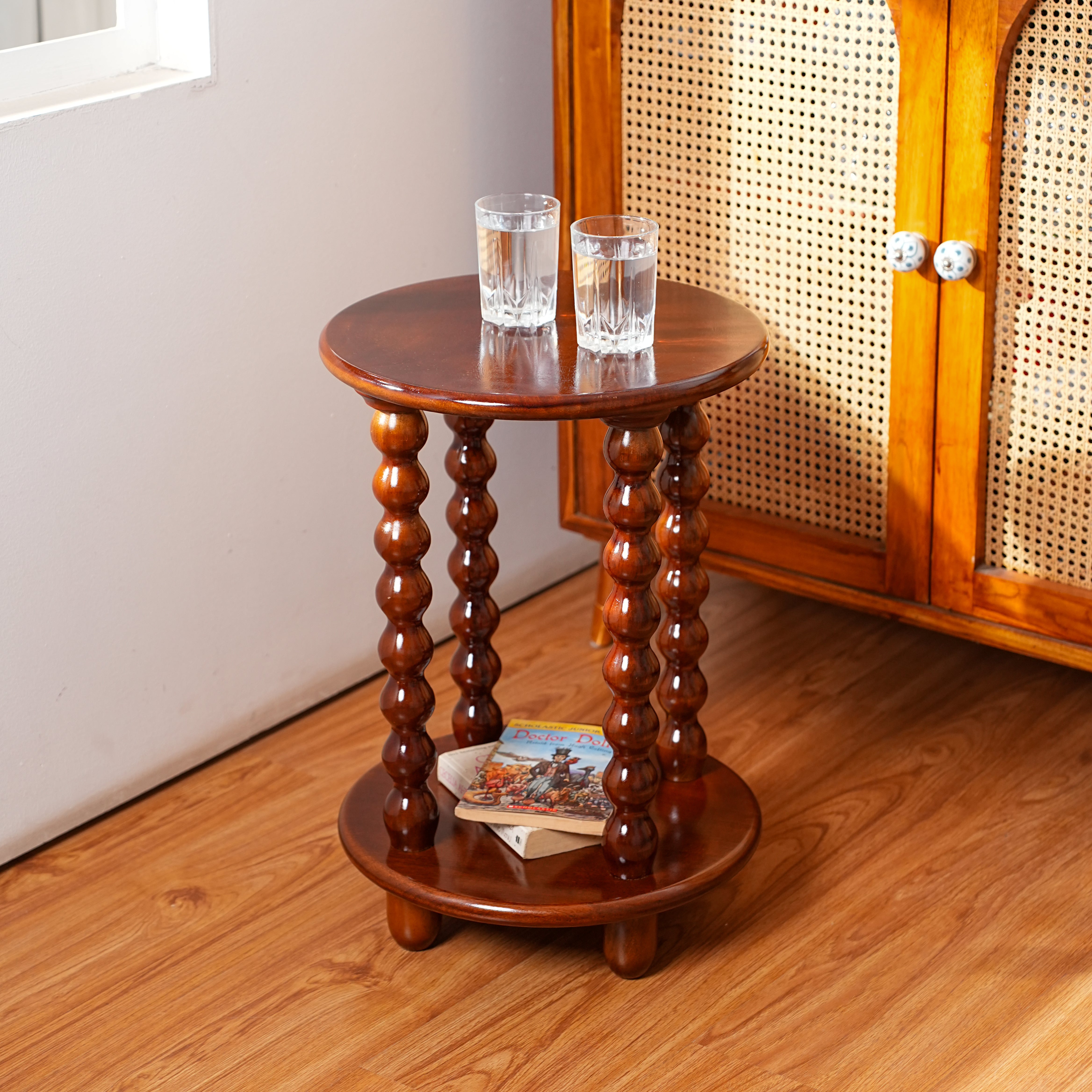 Round Wooden Side Table with Storage and Beaded Legs in Walnut Brown for Living Room Decor