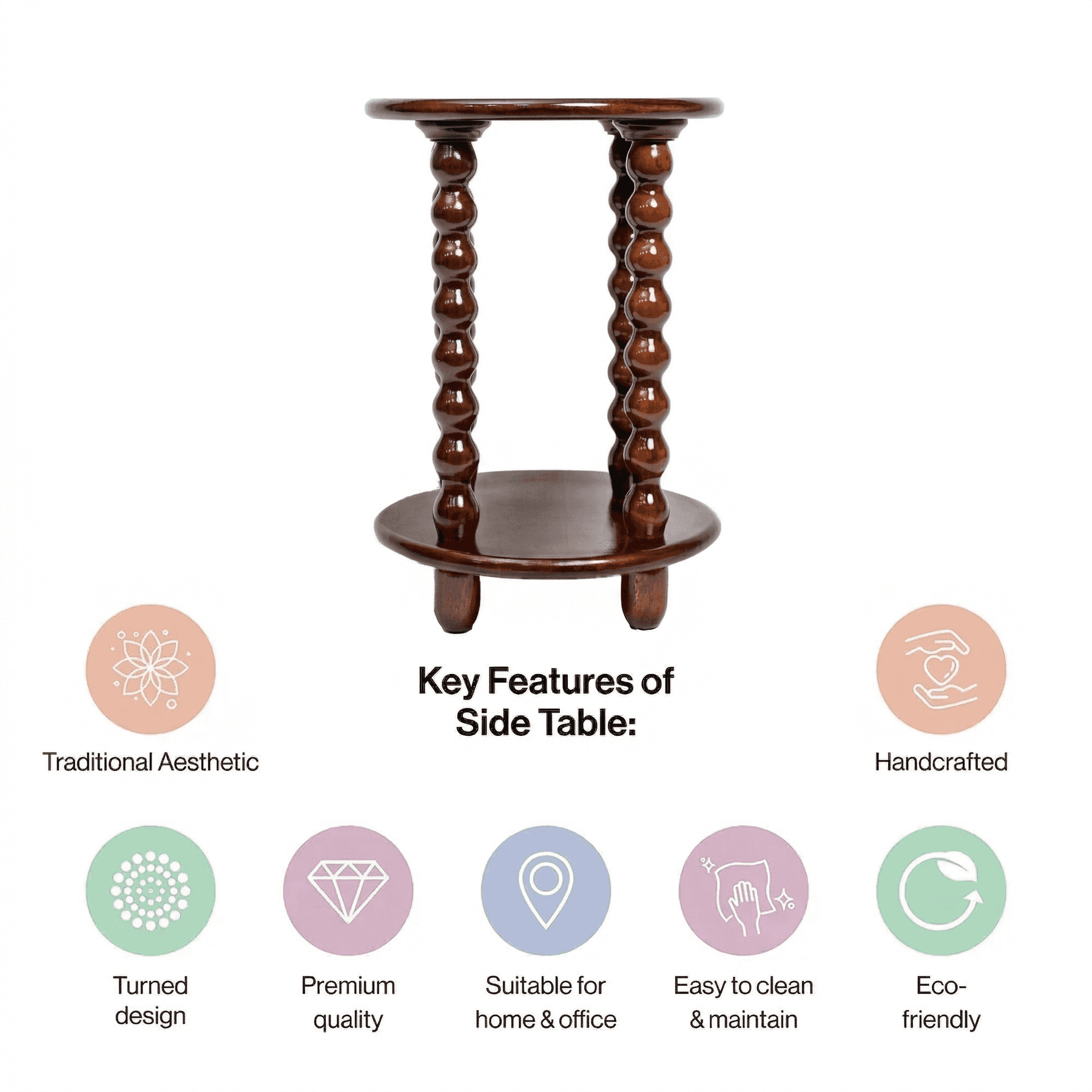 Round Side Table with Storage & Beaded Leg in Walnut Brown