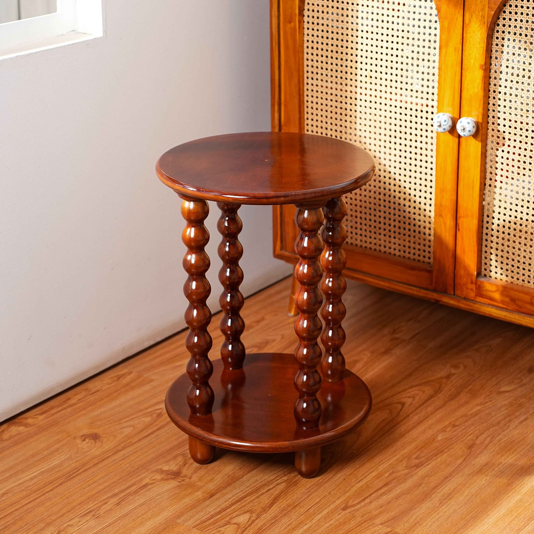 Round Side Table with Storage & Beaded Leg in Walnut Brown