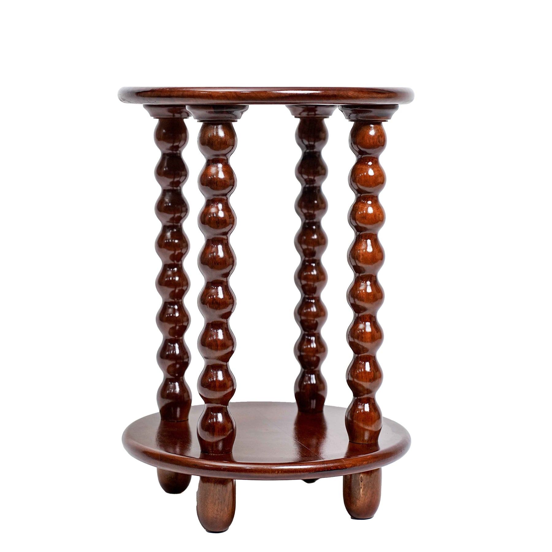 Round Side Table with Storage & Beaded Leg in Walnut Brown